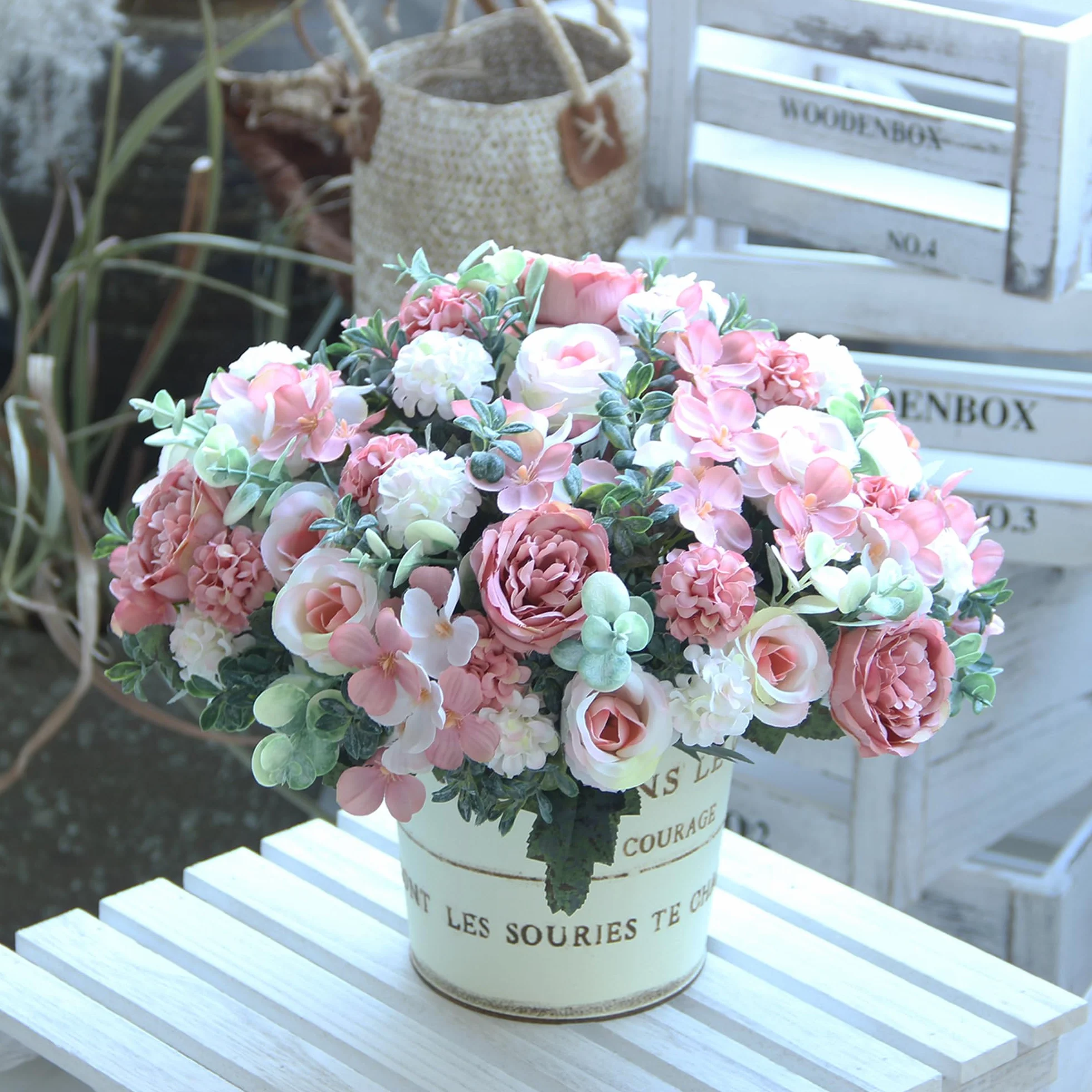 Bouquets Fleurs Artificielles en Soie Pivoine Hortensia pour Mariage Décoration (Rose)
