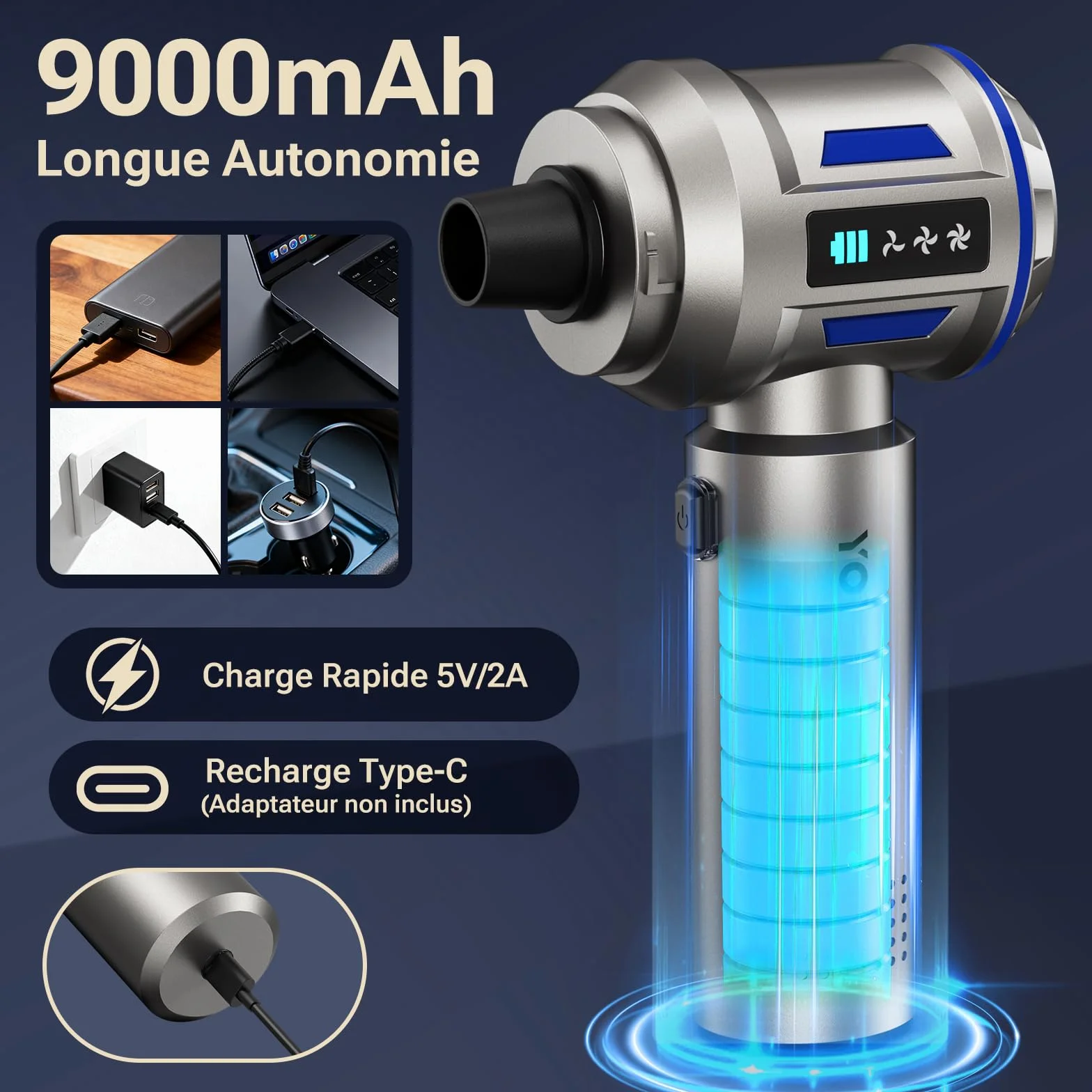 Aspirateur à Main, 27000Pa/120W Mini Aspirateur sans Fil & 250.000 tr/min Aspirateur de Voiture à 3 Vitesses avec Moteur sans Brosse, Aspirateur Voiture Sans Fil Pour Bureau,Maison, Cuisine,Poils