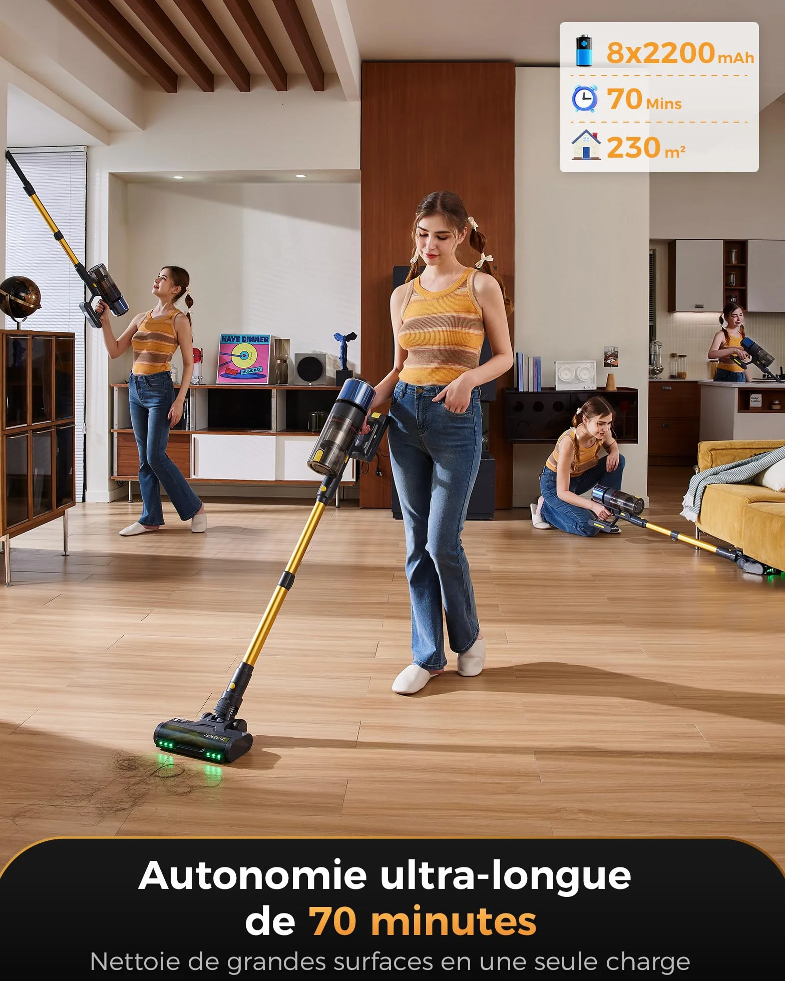 650W/55KPA Aspirateur Balai sans Fil 70min,Proscenic P15 Aspirateur sans Fil Puissant,Brosse Anti-Enchevêtrement,Autoportante,Télescopique Balai Aspirateur Tapis,Sols Durs,Poils d'animaux et Voiture
