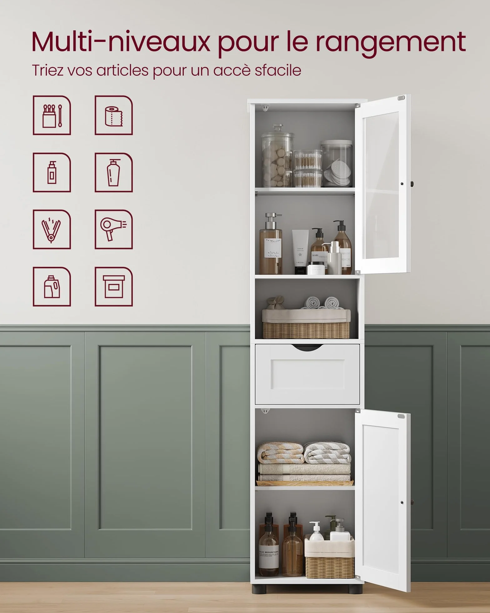 VASAGLE Meuble Salle de Bain, Colonne, Rangement avec Étagères Réglables, Placards à Porte, Tiroir, Compartiment, Gain de Place, Blanc Nuage BBK163W01