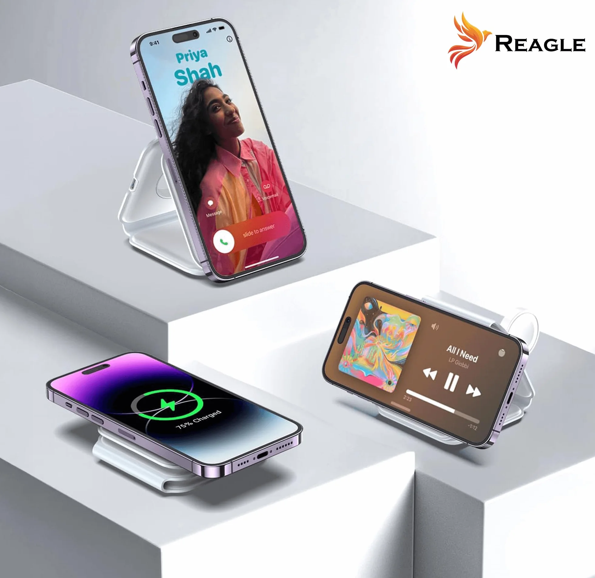 Reagle Składana indukcyjna bezprzewodowa ładowarka 3 w 1, 15 W stacja ładująca do telefonu, słuchawek, smartwatch, Samsung S25 Travel Charging Station do Apple Watch, standard Qi