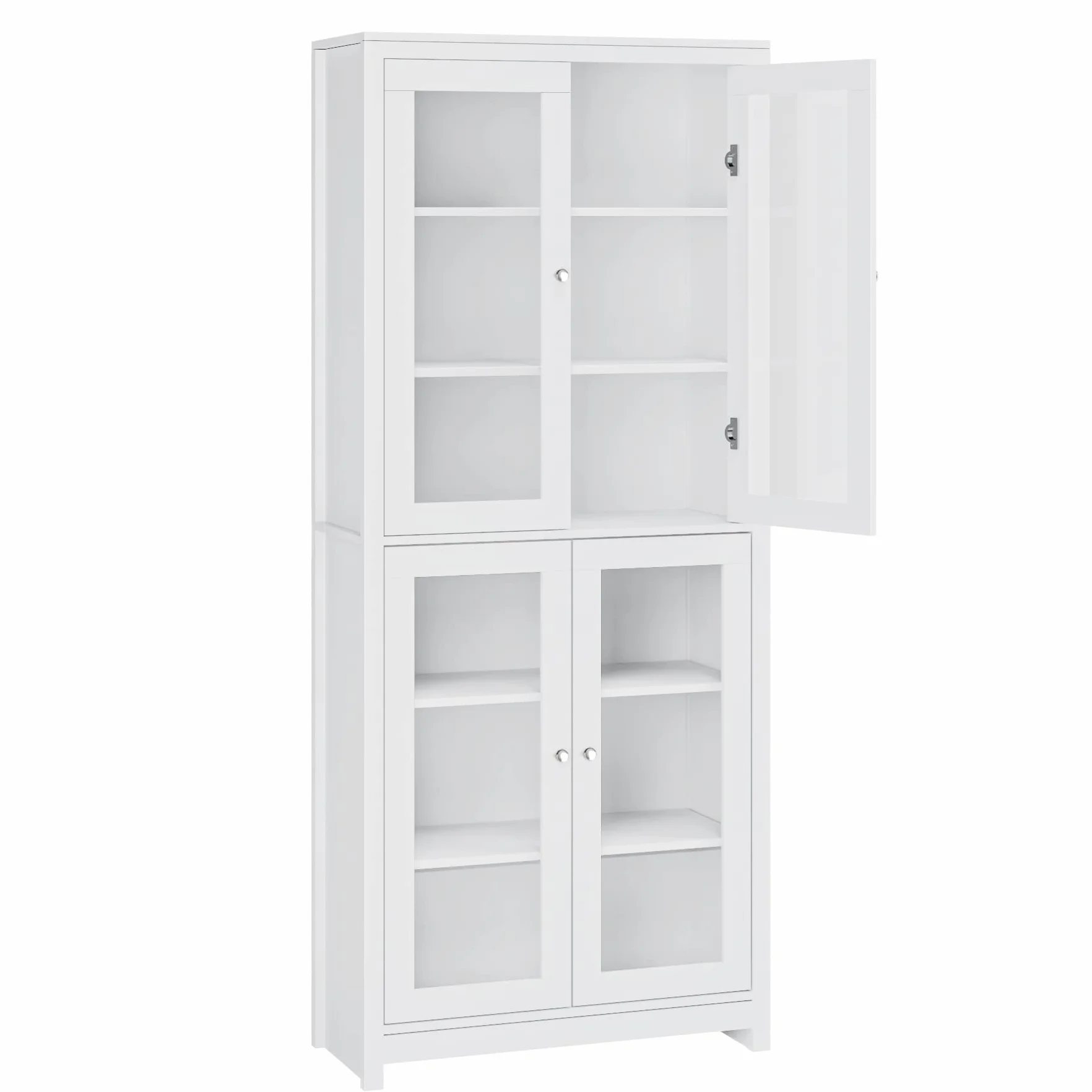 FOREHILL Vitrine en Verre 190cm Armoire Cuisine Haute avec 4 Portes Vitrées Meuble Vitrine Salon Bibliothèque avec 6 étagères de Rangement en Bois Blanc