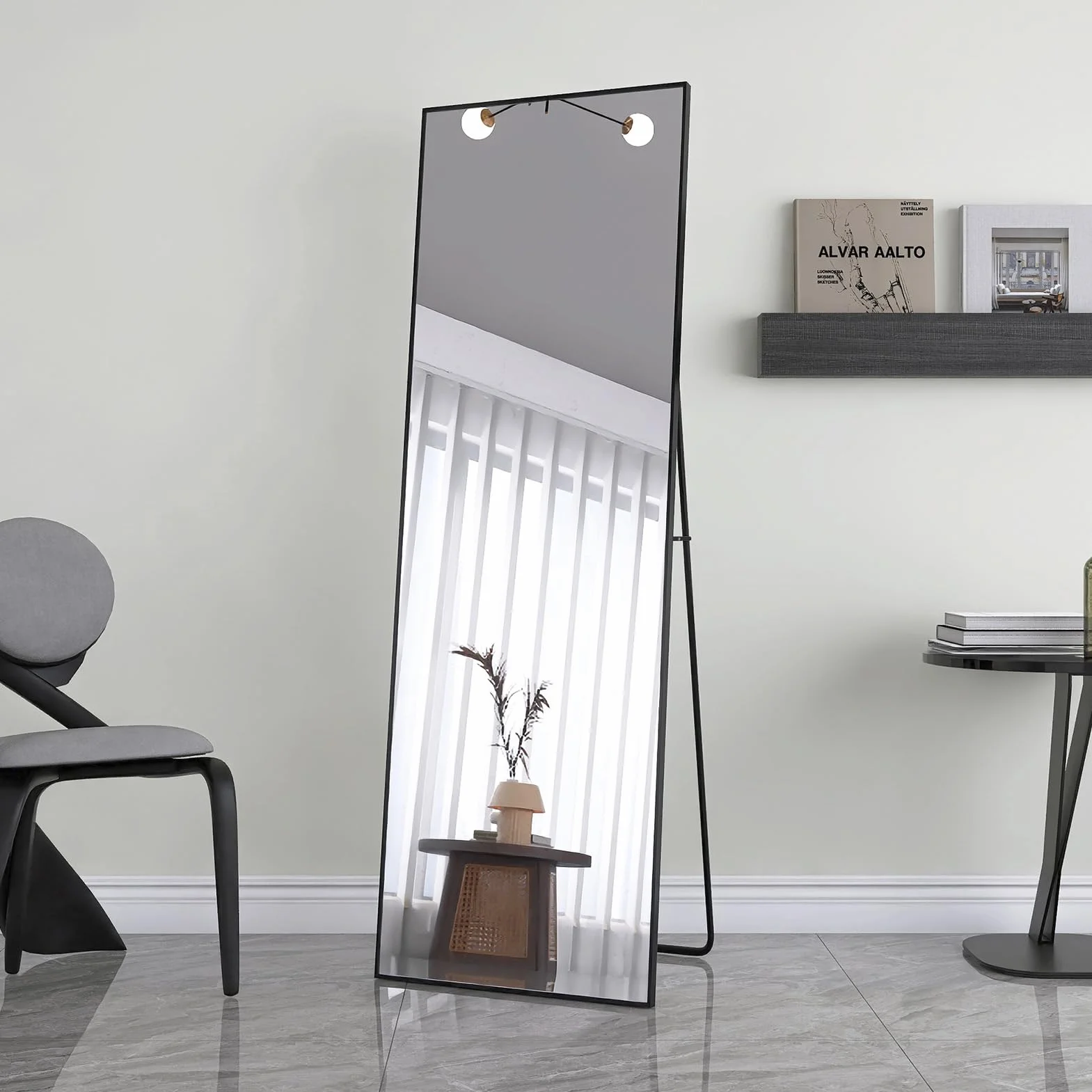 PerGar Grand Miroir Mural Moderne sur Pied, à Poser ou à Suspendre, avec Cadre en Aluminium, pour Salon et Chambre à Coucher, Noir, 165 x 60 cm