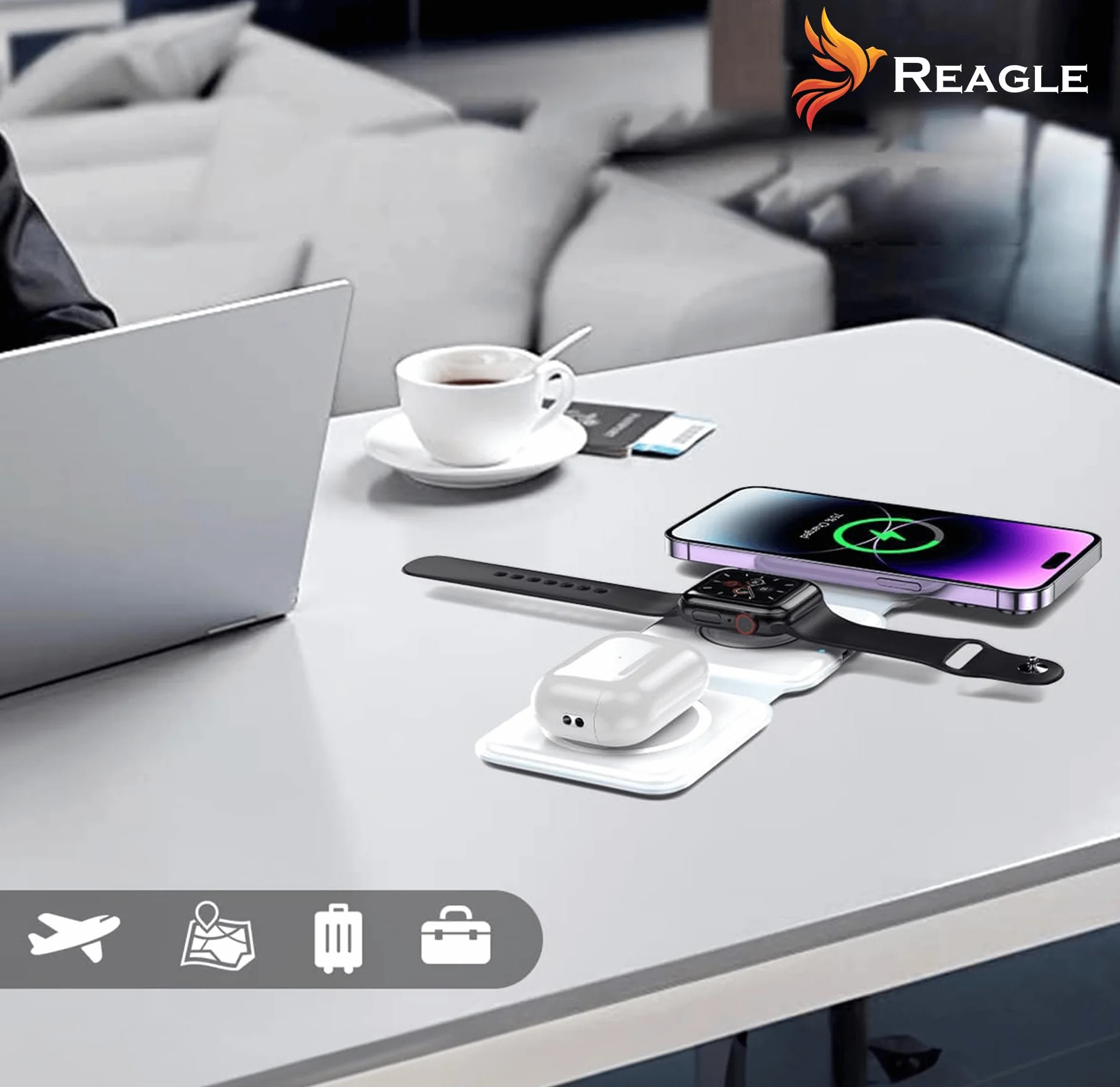 Reagle Składana indukcyjna bezprzewodowa ładowarka 3 w 1, 15 W stacja ładująca do telefonu, słuchawek, smartwatch, Samsung S25 Travel Charging Station do Apple Watch, standard Qi