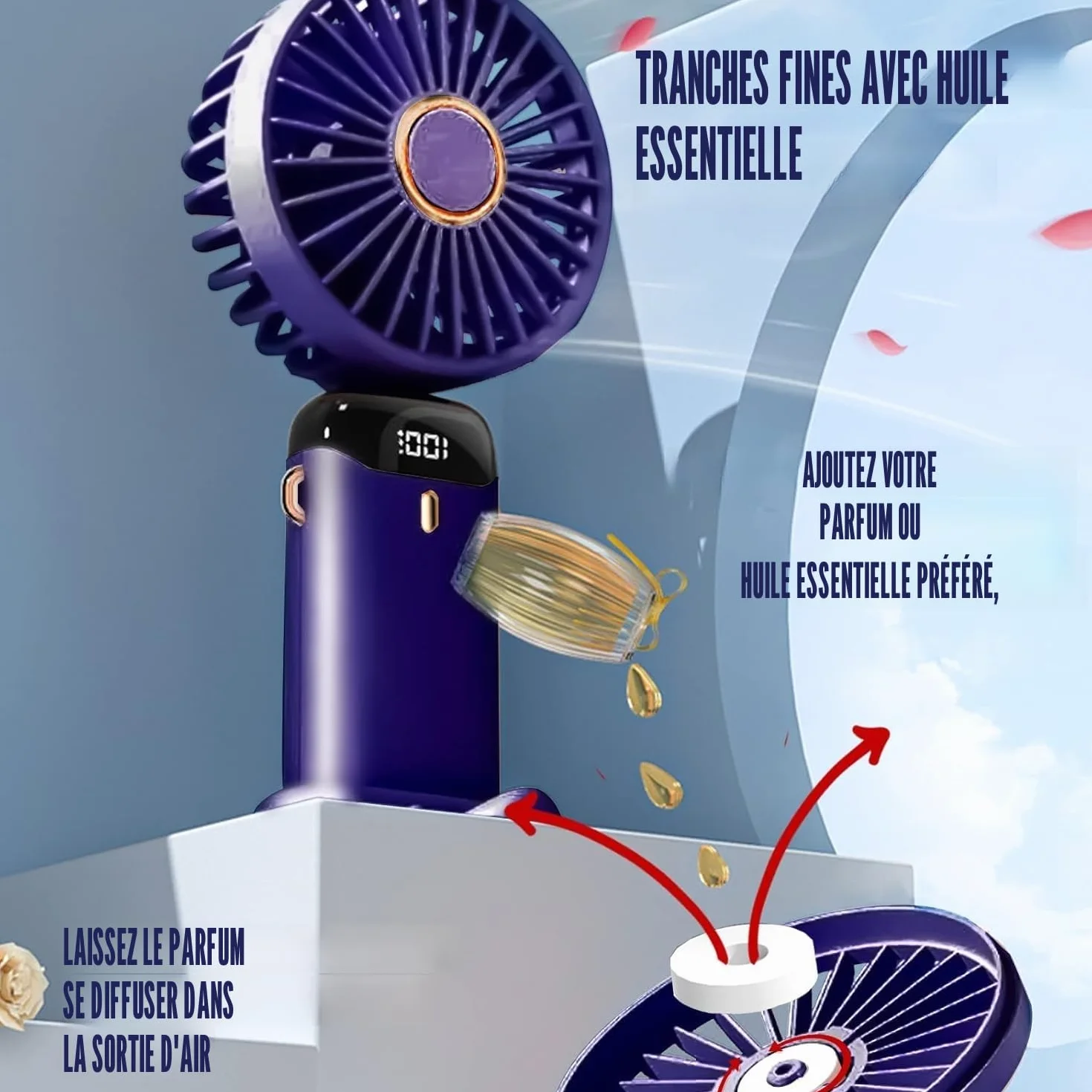 Jsdoin Ventilateur portable rechargeable USB 5 vitesses mini pliable écran LED Bleu Foncé