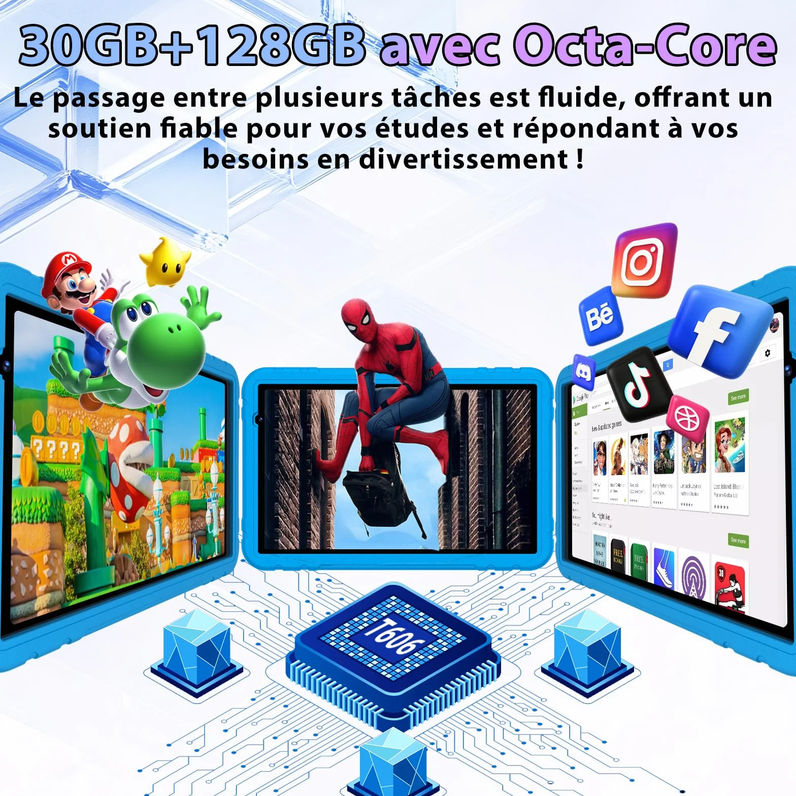 Tablette Enfants 10 Pouces Android 15 30+128 Go WiFi 6 8000 mAh Octa-Core Bleu