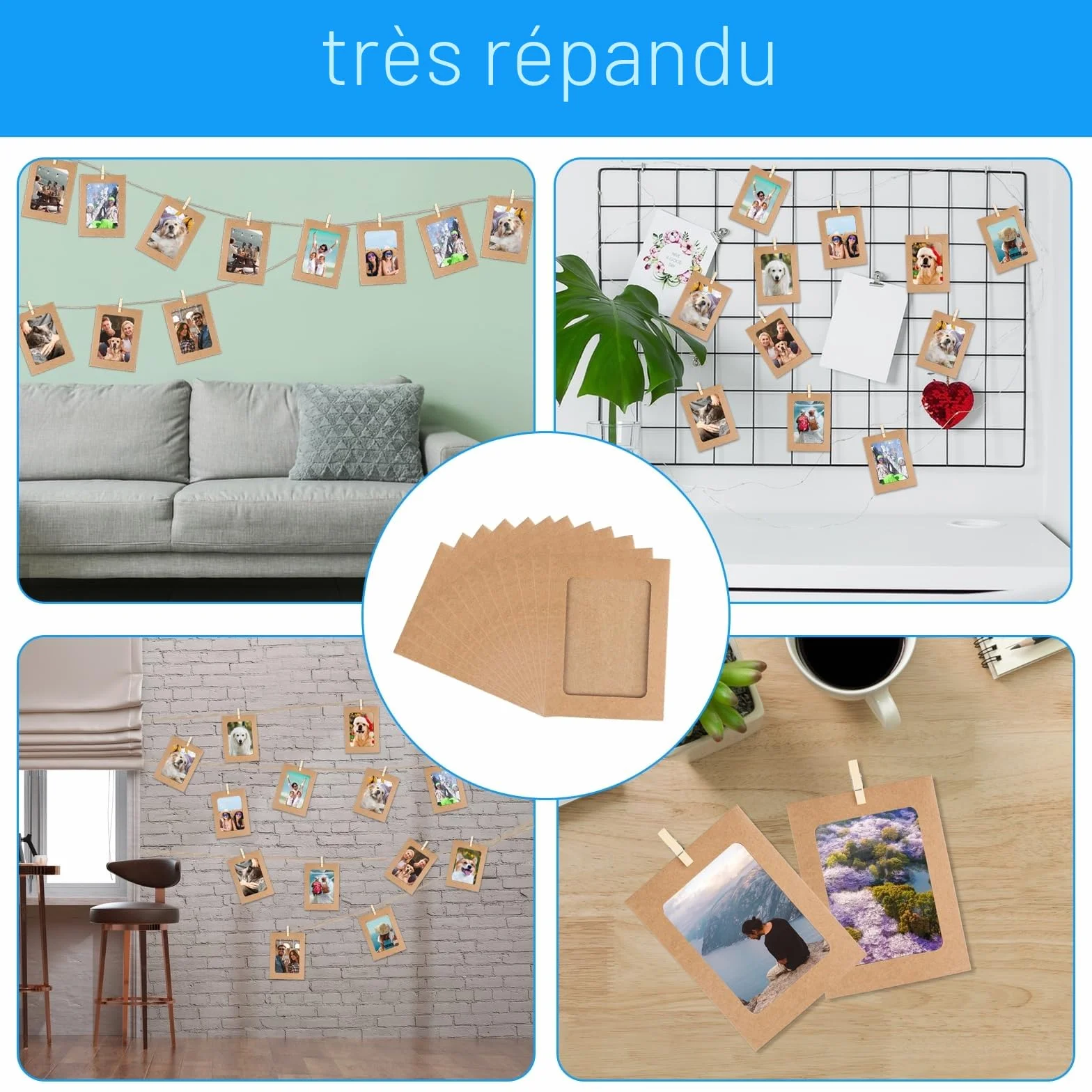 Cadres en Carton Kraft Papier avec Pinces en Bois et Corde de Chanvre, Décoration Murale (jaune lin)