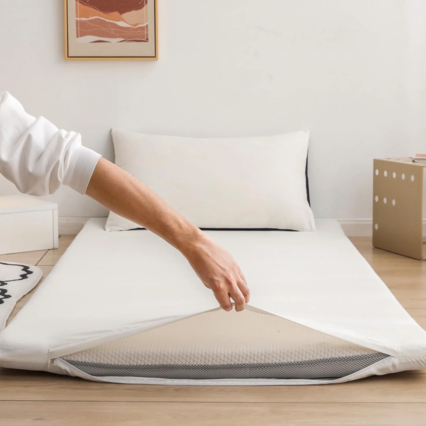 Housse de Matelas Tatami Lavable Couvre-Matelas Futon Beige Queen 150x200cm