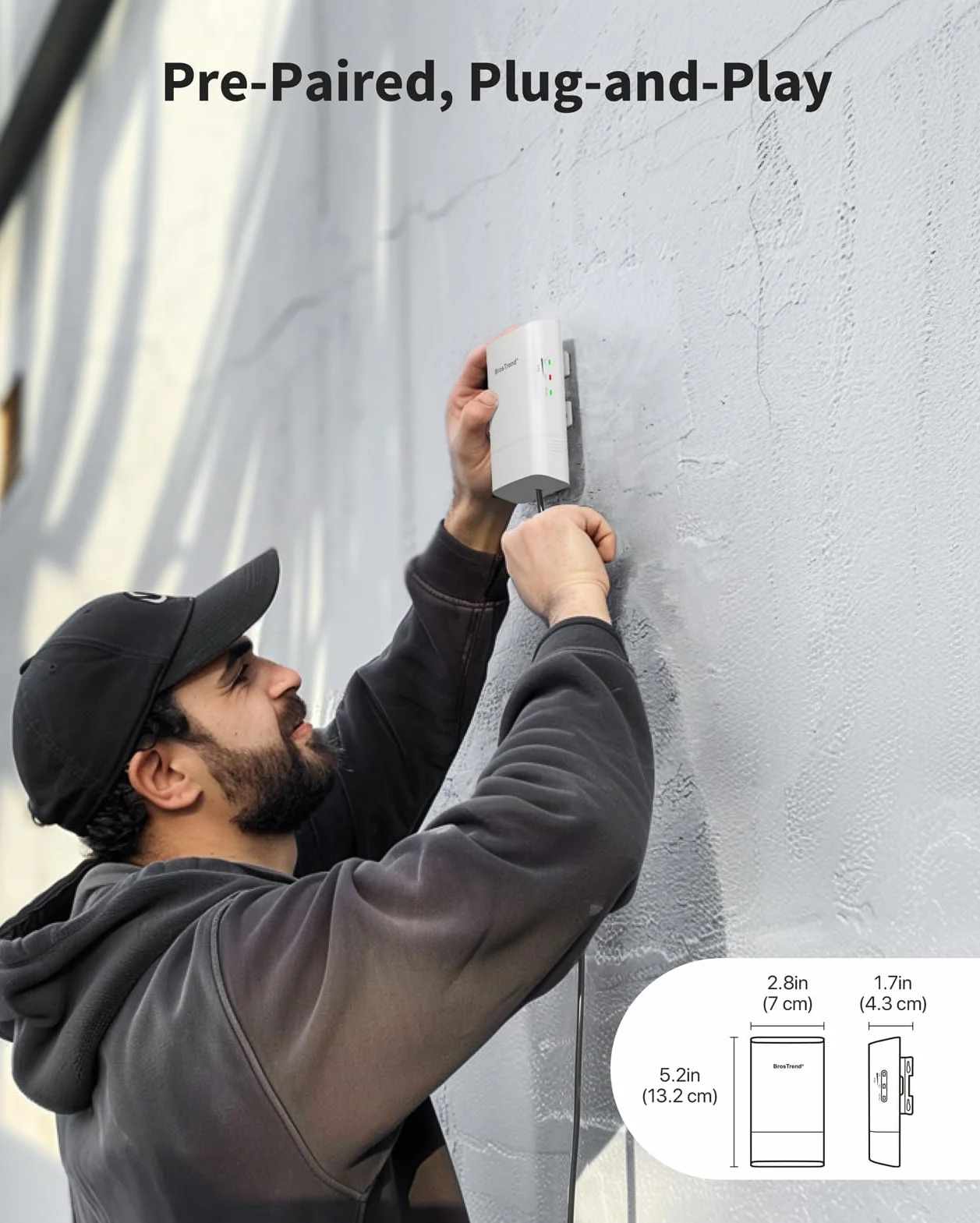BrosTrend 5GHz 867Mbps WiFi Bridge Punkt-Punkt Zewnętrzny, 1KM Bezprzewodowy Internet Sieciowy Most Długiego Zasięgu Plug & Play, dla PtP i PtMP, IP65, z Pasywnym Injektorem PoE