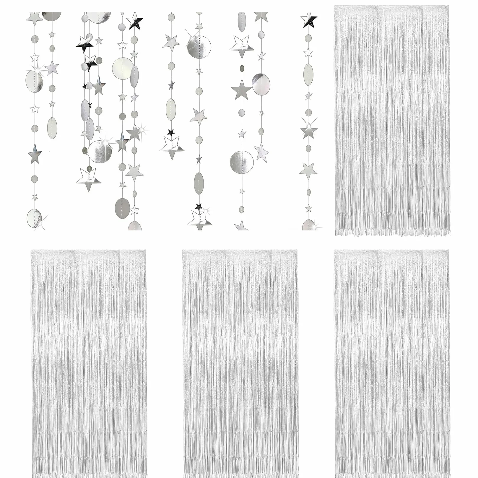Lot de 4 Rideaux à Paillettes avec Franges Métalliques et Guirlande en Papier - Décoration Murale Argentée pour Fête