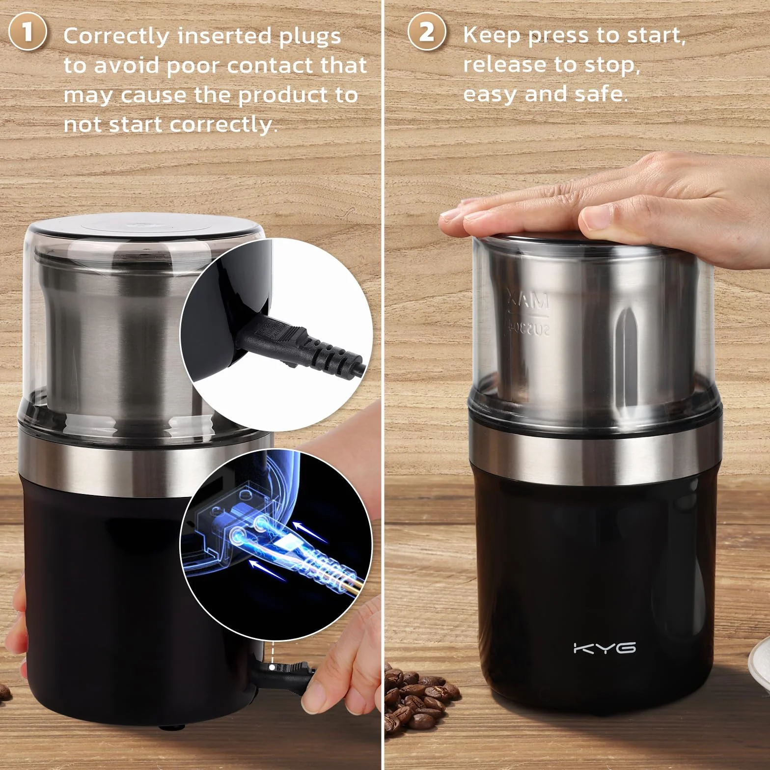 Moulin à Café Électrique KYG pour Graines, Poivre, Graines de Lin avec Bol Amovible, Moulin à Épices 300W, Tasse en Acier Inoxydable Lavable