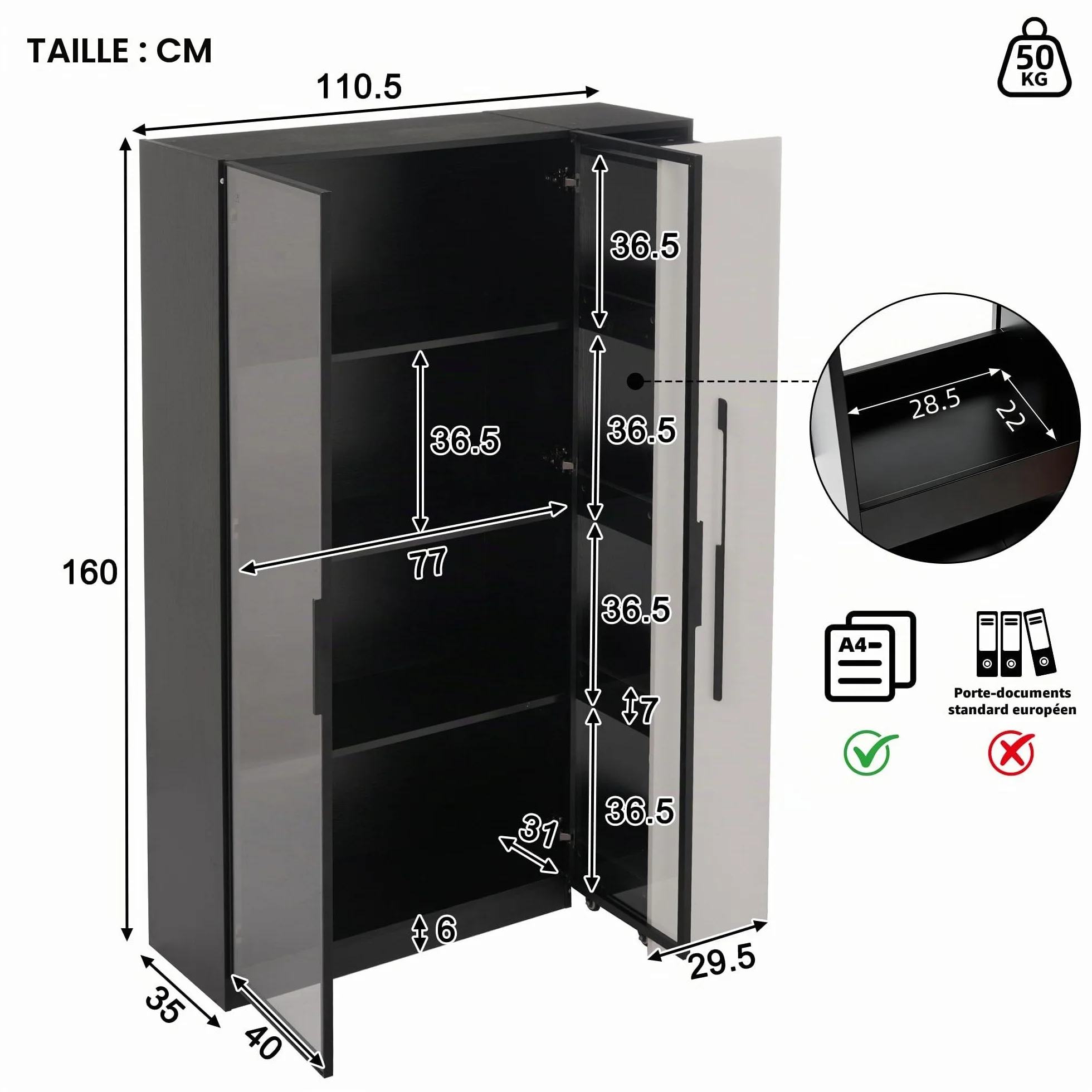 Merax Armoire multifonction 110,5 × 35 × 160 cm, vitrine avec LED, extension latérale, armoire à roulettes, bibliothèque, armoire de salle de bain, pour salon, bureau, salle à manger, noir et blanc