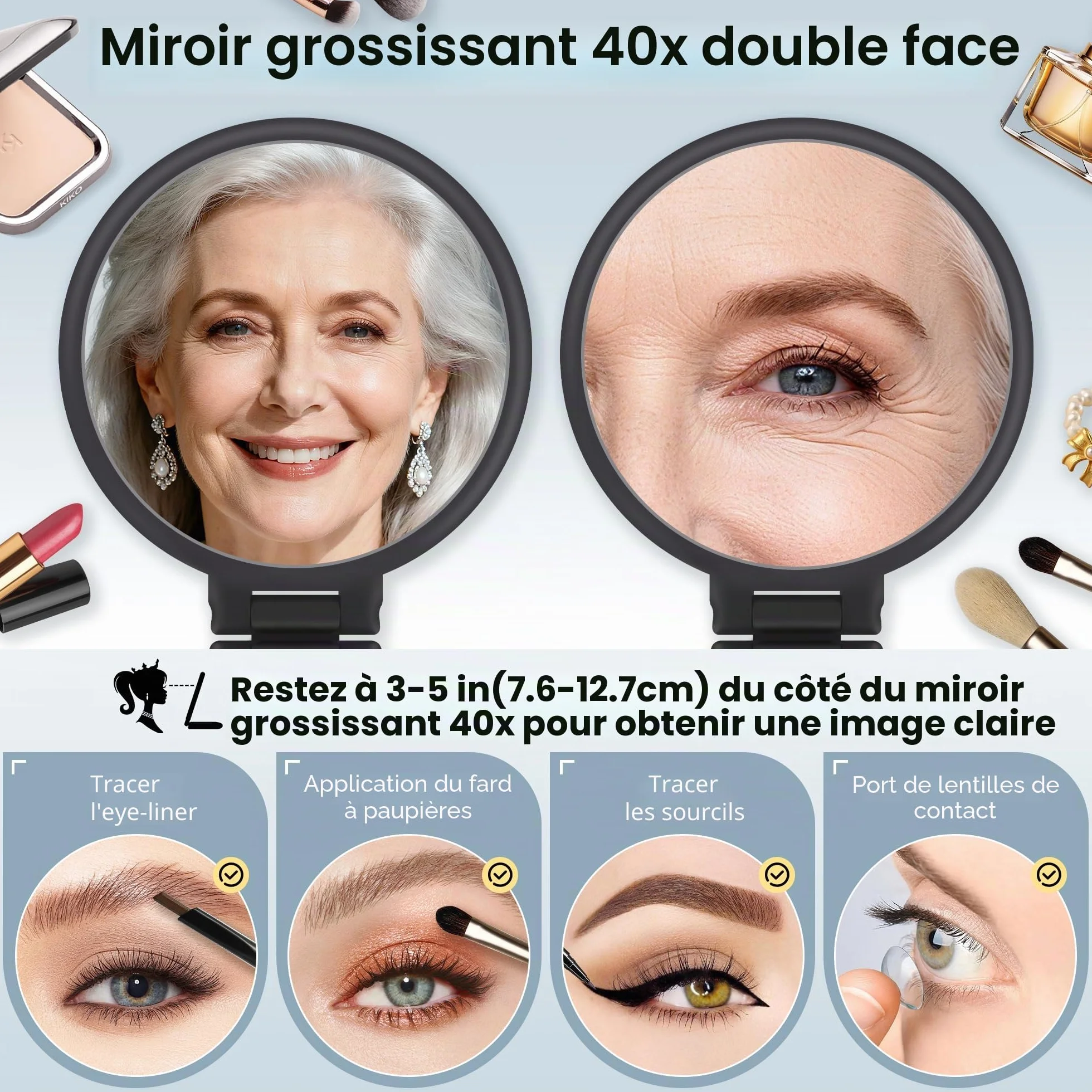 MIYADIVA Miroir Grossissant 40X Double Face Pliable Portable pour Maquillage, Noir Mat