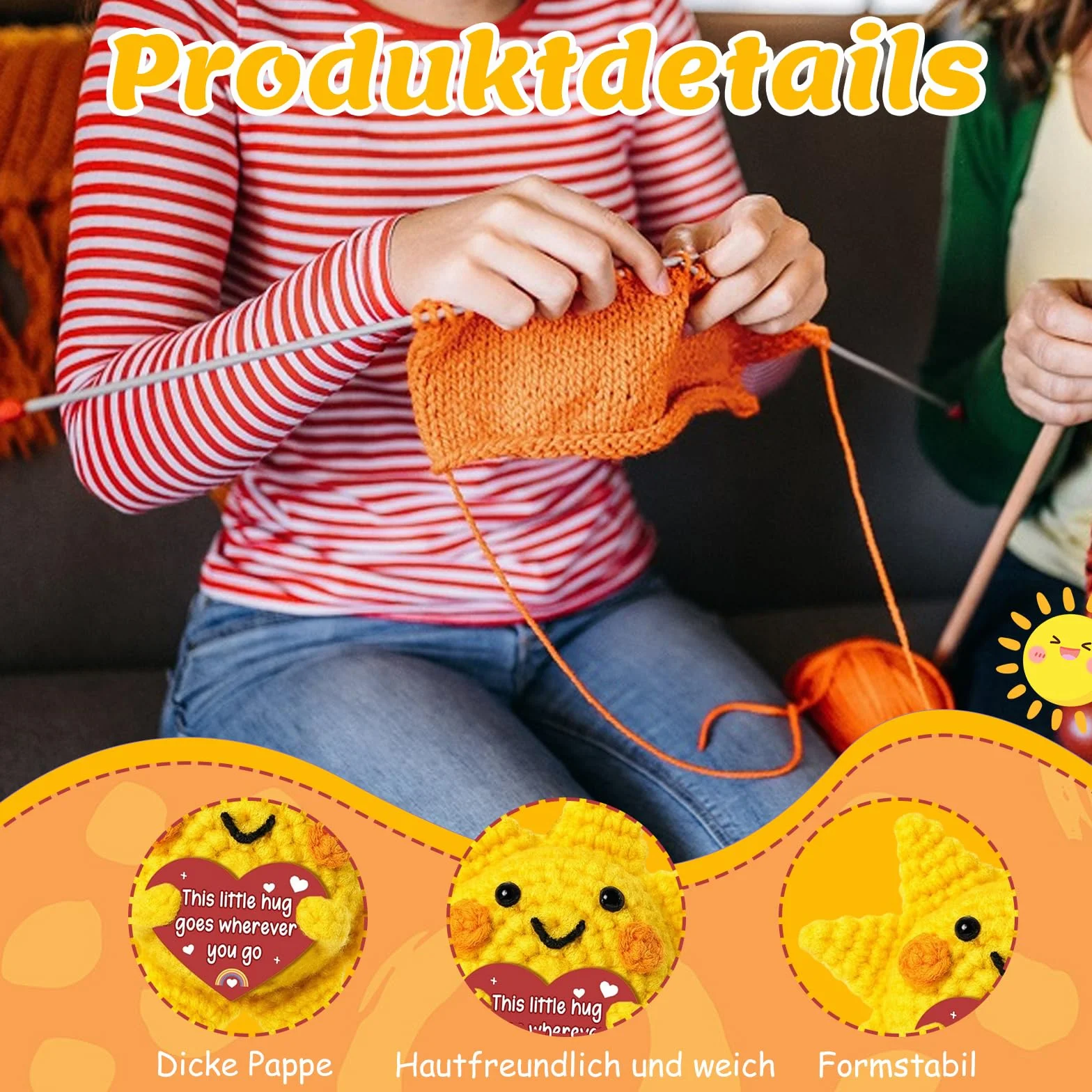 Poupée tricotée à la main Soleil Pocket Hug Cadeau positif pour femme Anniversaire Noël