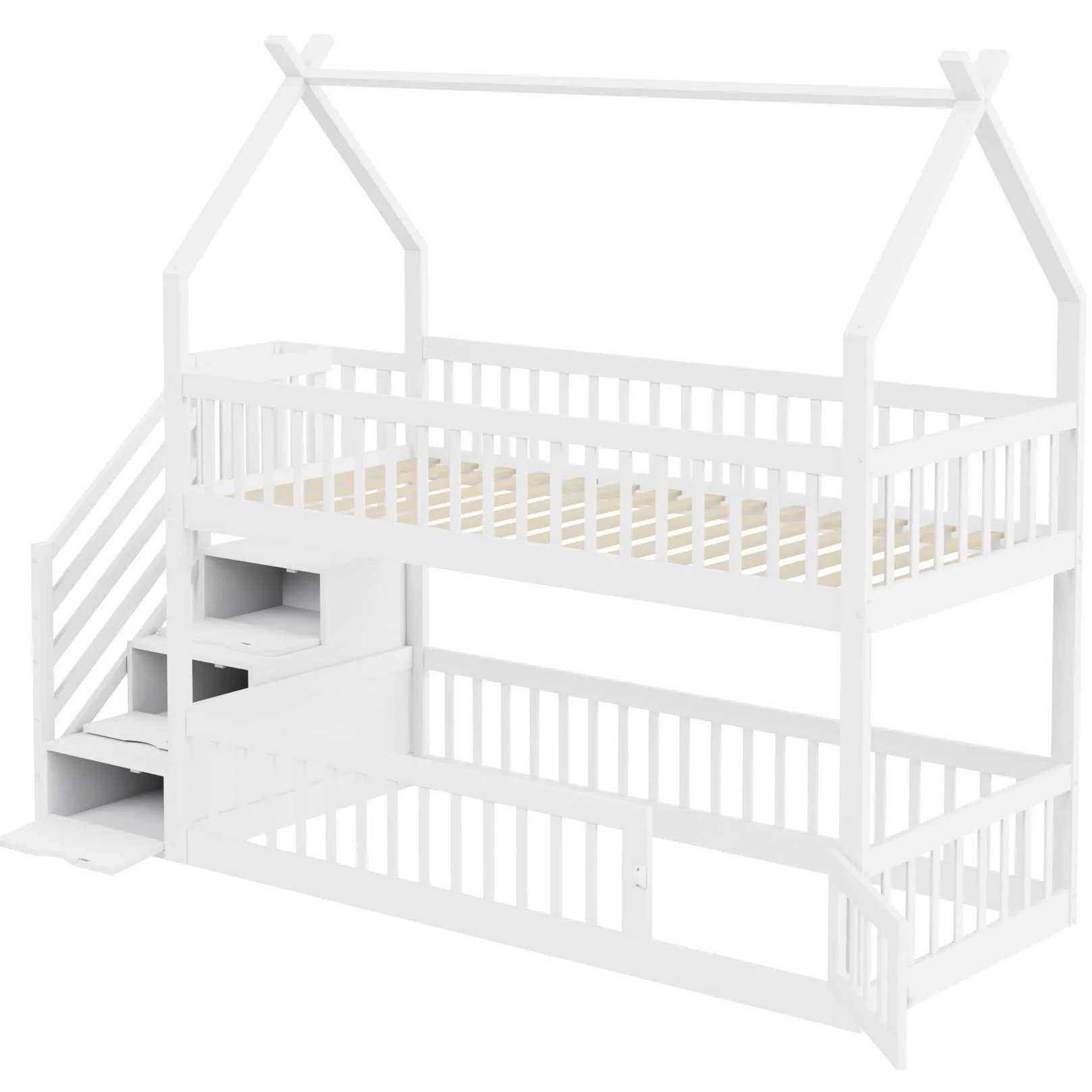 Lit Superposé Enfant 90x200 avec Échelle de Rangement,Porte,Haute Barrière de lit,Lit Cabane Enfant avec Sommier à Lattes Solide,pour Enfants Adolescents(B-Blanc, 90x200)