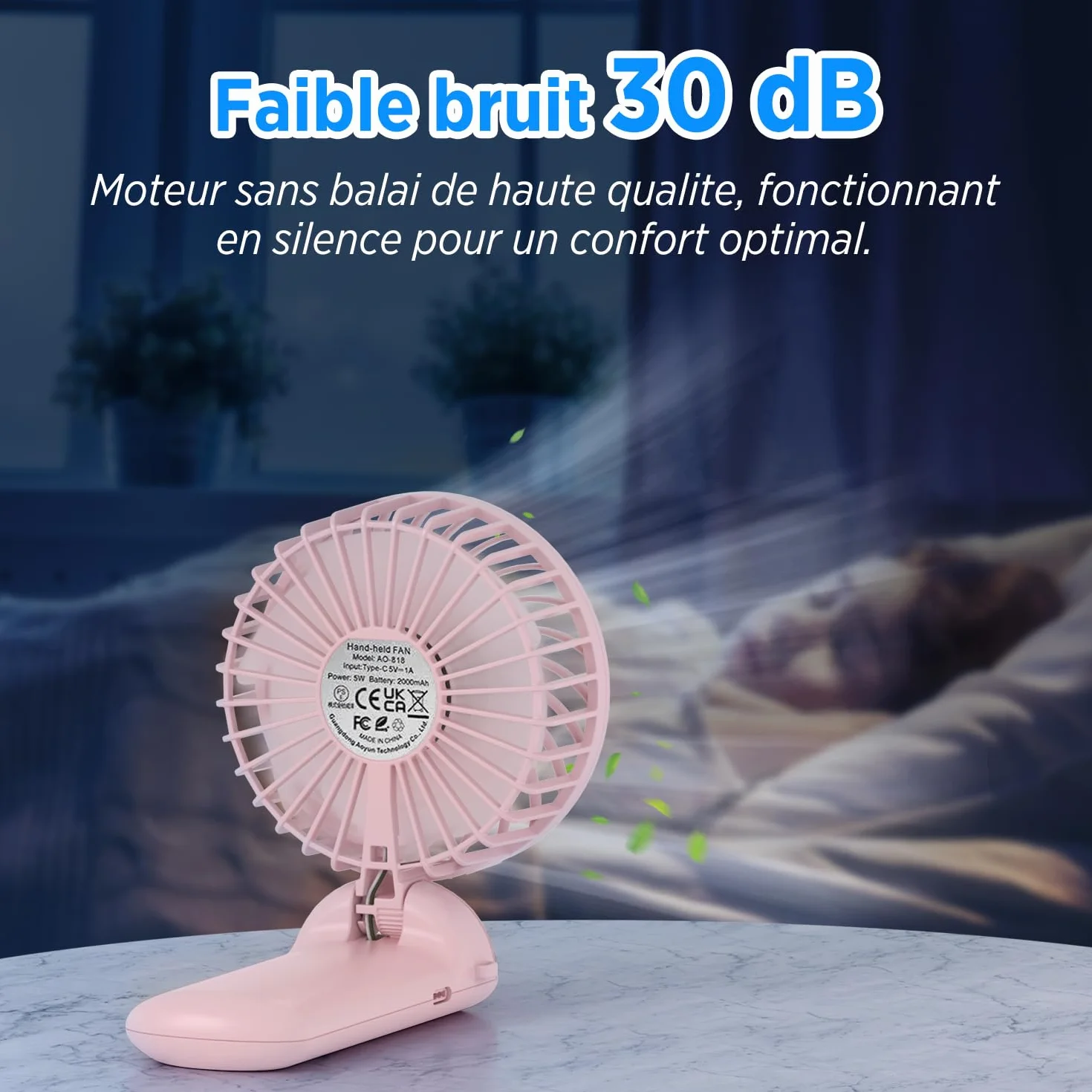 Lepwings Mini Ventilateur Portable USB Rechargeable 4 Vitesses Autonomie 5,5-16 Heures Rotation 180° Pliable Blanc