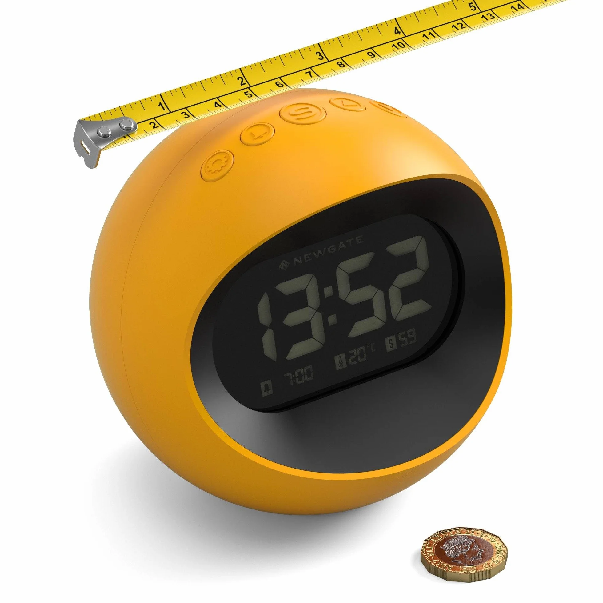NEWGATE® Centre of The Earth réveil | Horloge LCD numérique rétro Ronde | Jaune | Idéal pour Chevet, Bureau ou étagère | Accessoire rétro pour Chambre à Coucher et Bureau