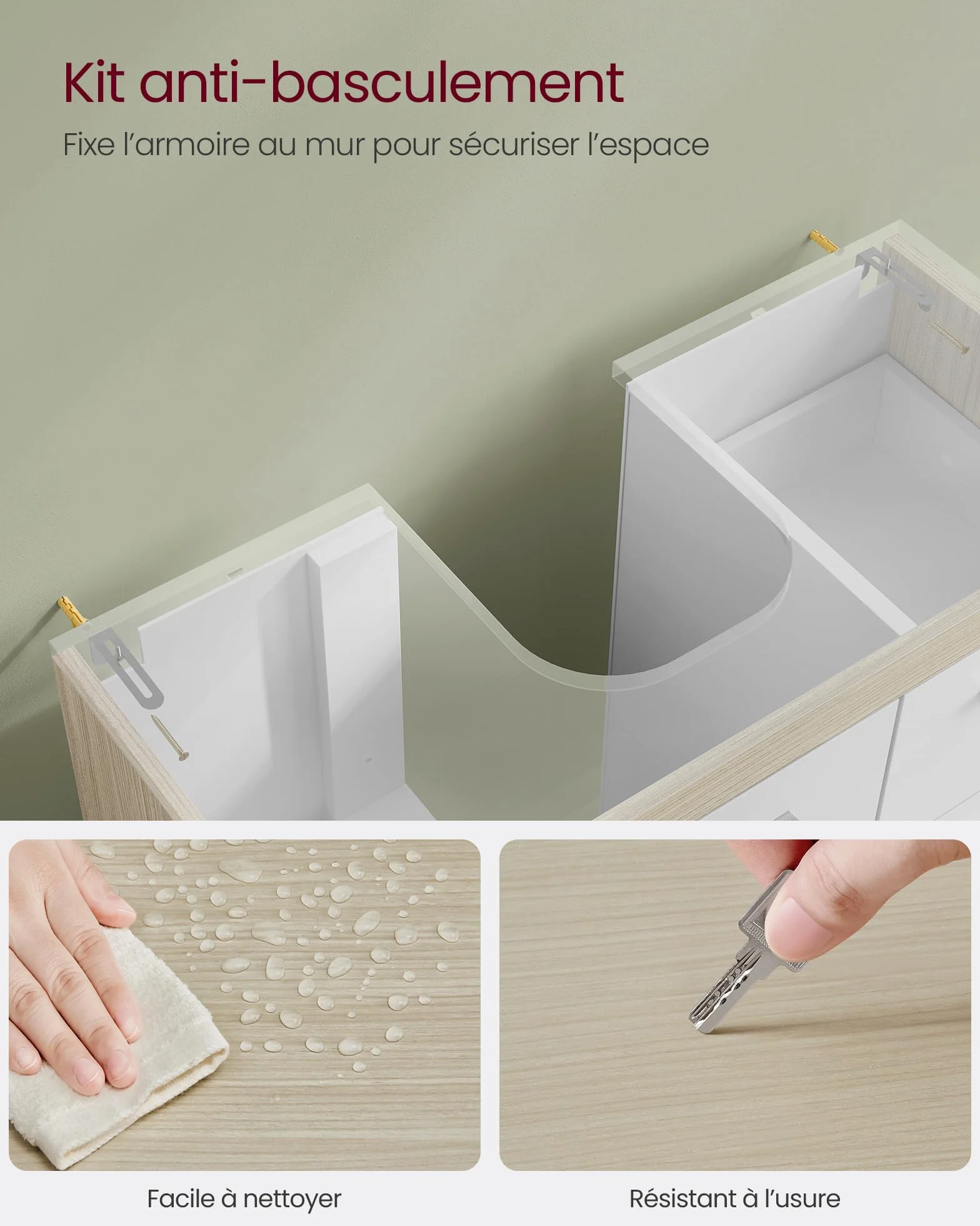 VASAGLE Meuble sous lavabo, Meuble de Salle de Bain, 3 Tiroirs Latéraux, 2 Cases derrière la Porte, pour Lavabos sur Colonne, avec Pieds, 30 x 70 x 64 cm, Blanc Nuage et Beige Naturel BBK504K01