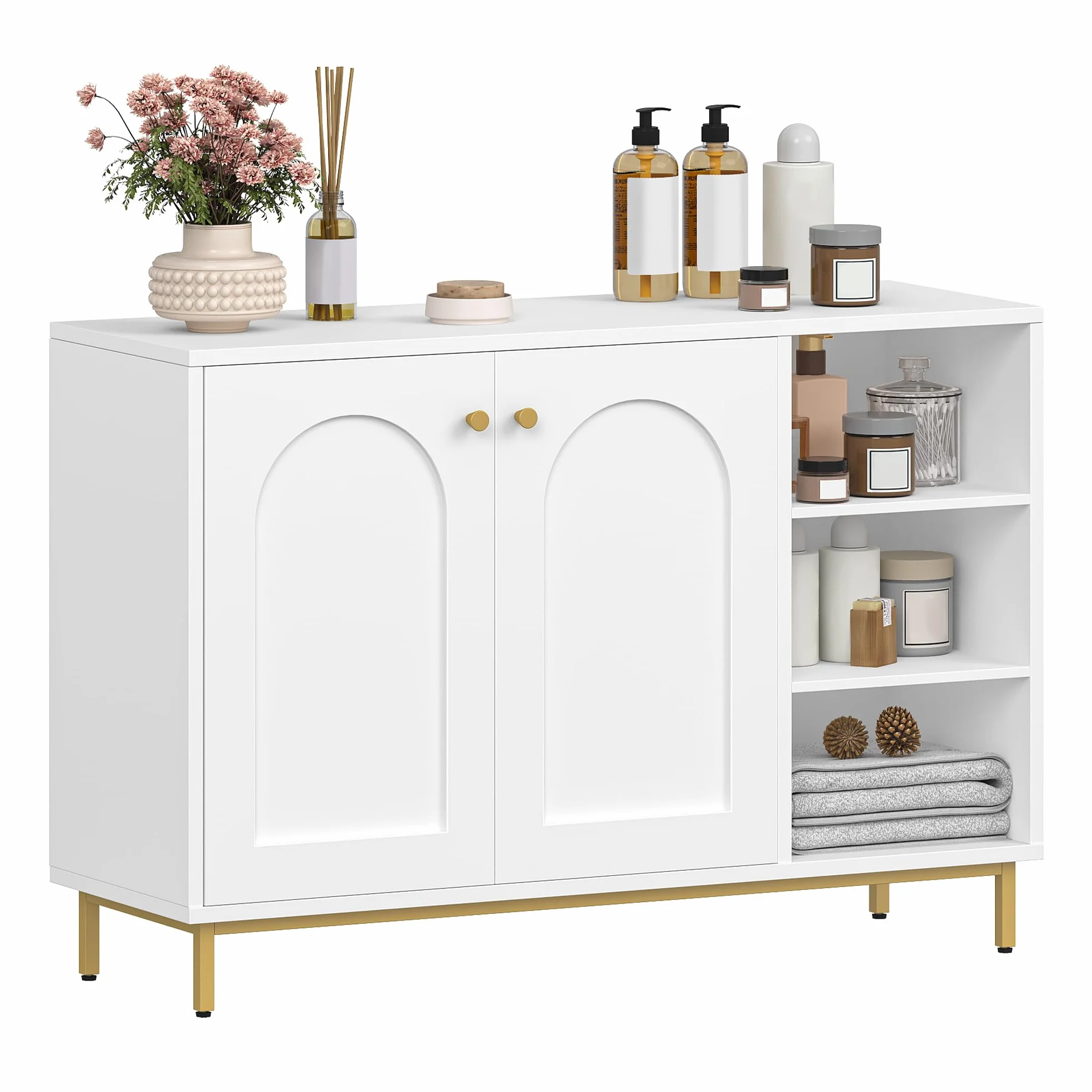Hzuaneri Meuble Salle de Bain, Meuble de Rangement, Armoire Salle de Bain, Placard Rangement avec 2 Portes, Compartiment Ouvert, Salle de Bains, Le Salon 35 x 100 x 75 cm, Blanc-Or SC10203G