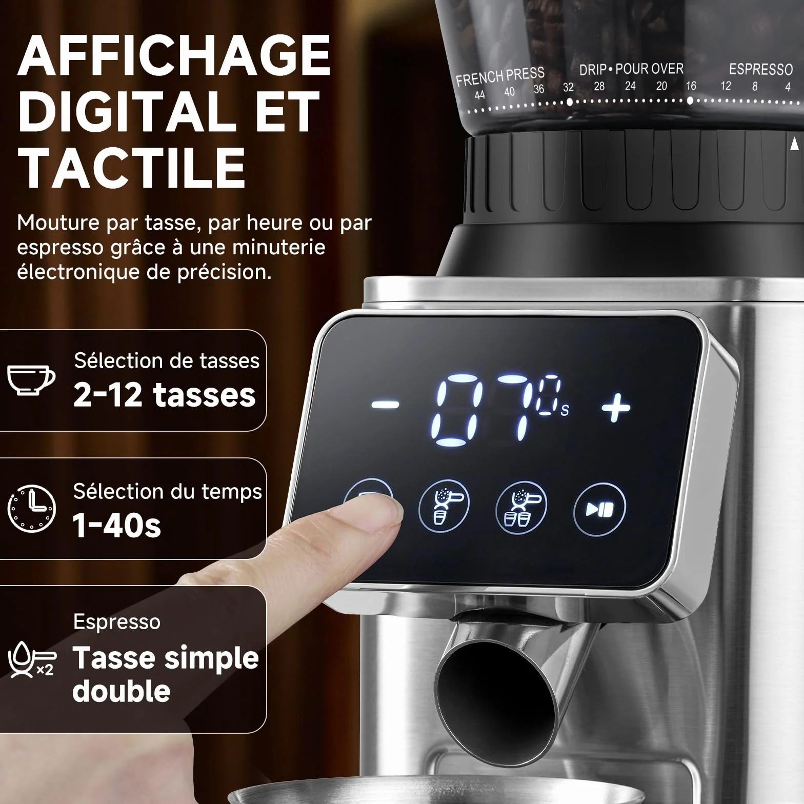 AMZCHEF Moulin à Café Électrique avec 48 Réglages de Mouture, Système Antistatique, Écran Tactile LCD, Réservoir à Grains 300 g, Meule Conique en Acier Inoxydable, pour Expresso et Café Filtre