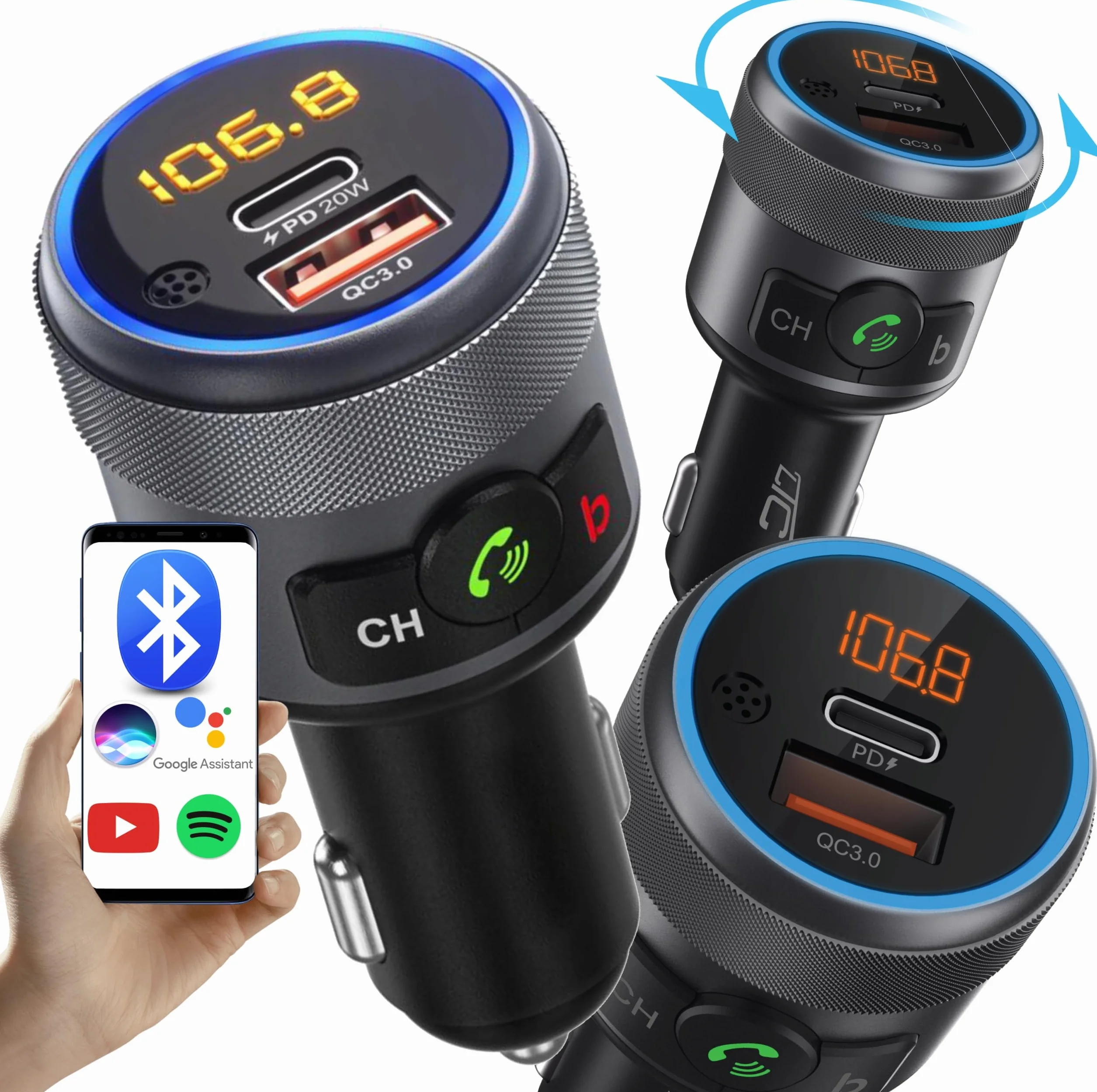 LTC Transmiter Samochodowy LTC TR252 z Bluetooth 5.1 - Wysoka Jakość Dźwięku, Zestaw Głośnomówiący, Szybka Ładowarka Power Delivery 3.0, Tester Napięcia Akumulatora