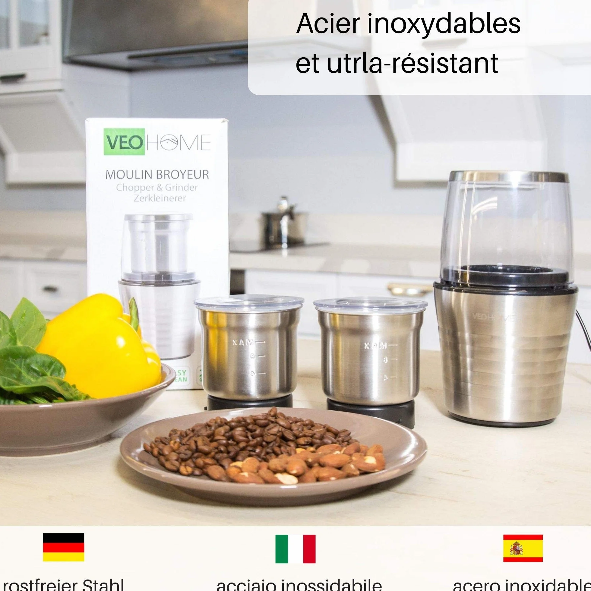 Moulin à café et mixeur électrique VeoHome broyeur pour grains de café, graine de lin et autres épices - inox