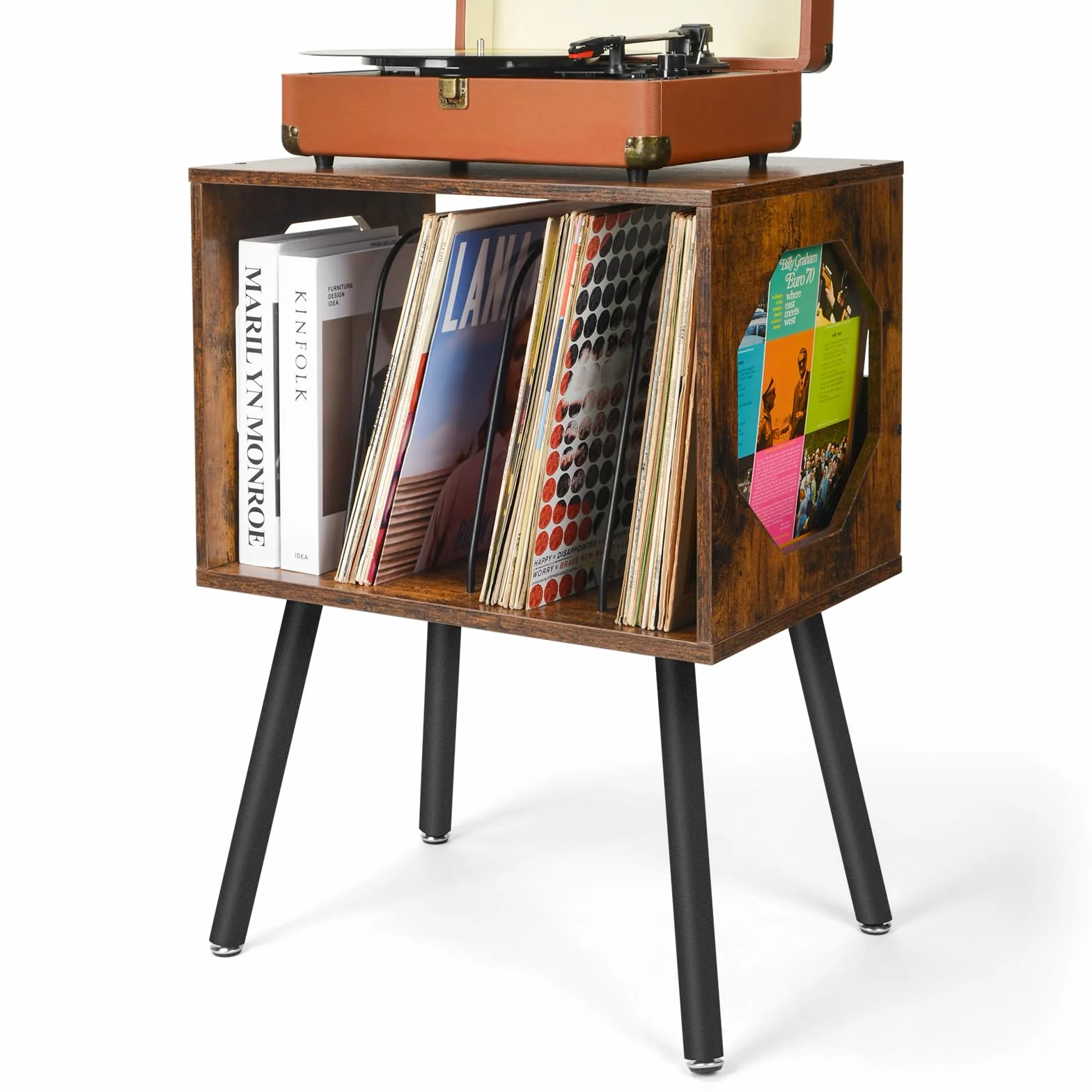 ikkle Support Rustique pour Platine Vinyle avec Pieds en Métal, Pouvant Contenir 150 Disques, Table de Rangement pour Disques Vinyles pour Chambre ou Salon (Marron)