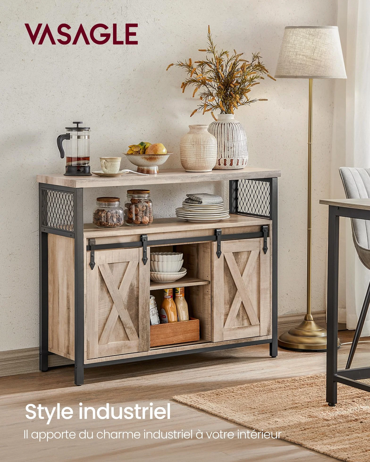 VASAGLE Meuble de Rangement, Buffet Cuisine, Commode, avec 2 Portes Coulissantes, 33 x 100 x 80 cm, Étagères Réglables, pour Salon, Marron Camel et Noir d'encre LSC092B50