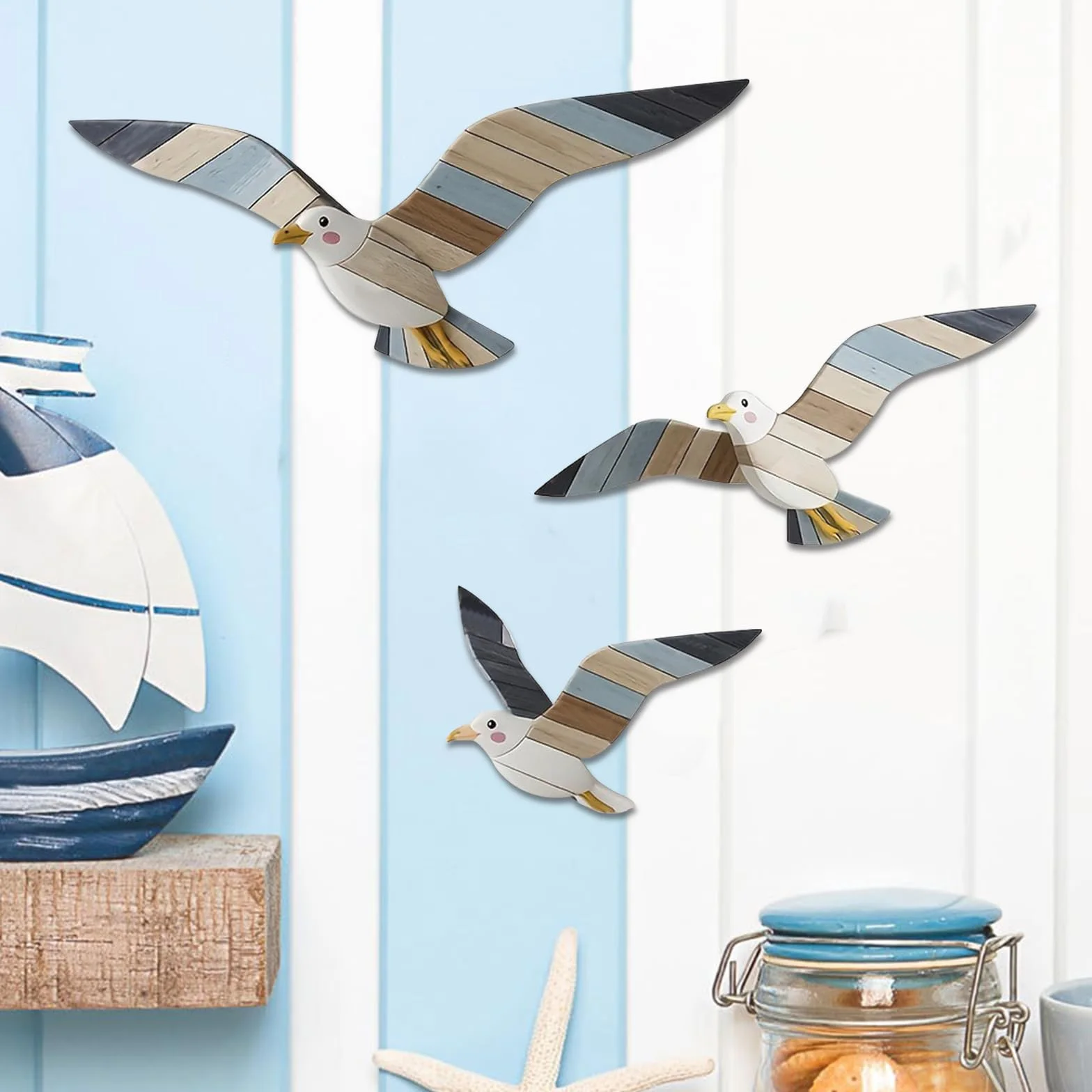 Décoration Murale de Plage en 3 Pièces, Bois, Mouettes, Art Mural Thème pour Salon Chambre