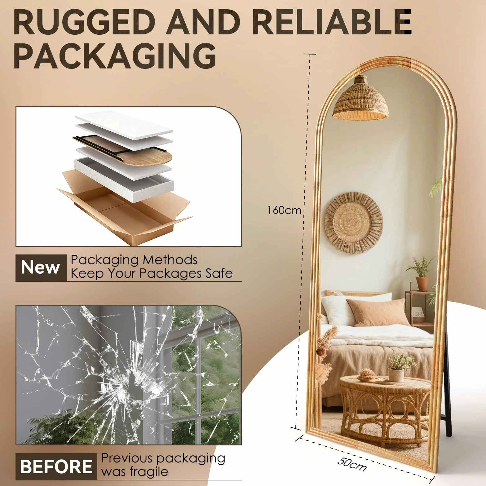 ThomP Miroir pleine longueur - 160 x 50 cm - Miroir sur pied bombé - Cadre en bois avec support - Grand miroir sur pied pour chambre à coucher, salon (marron)