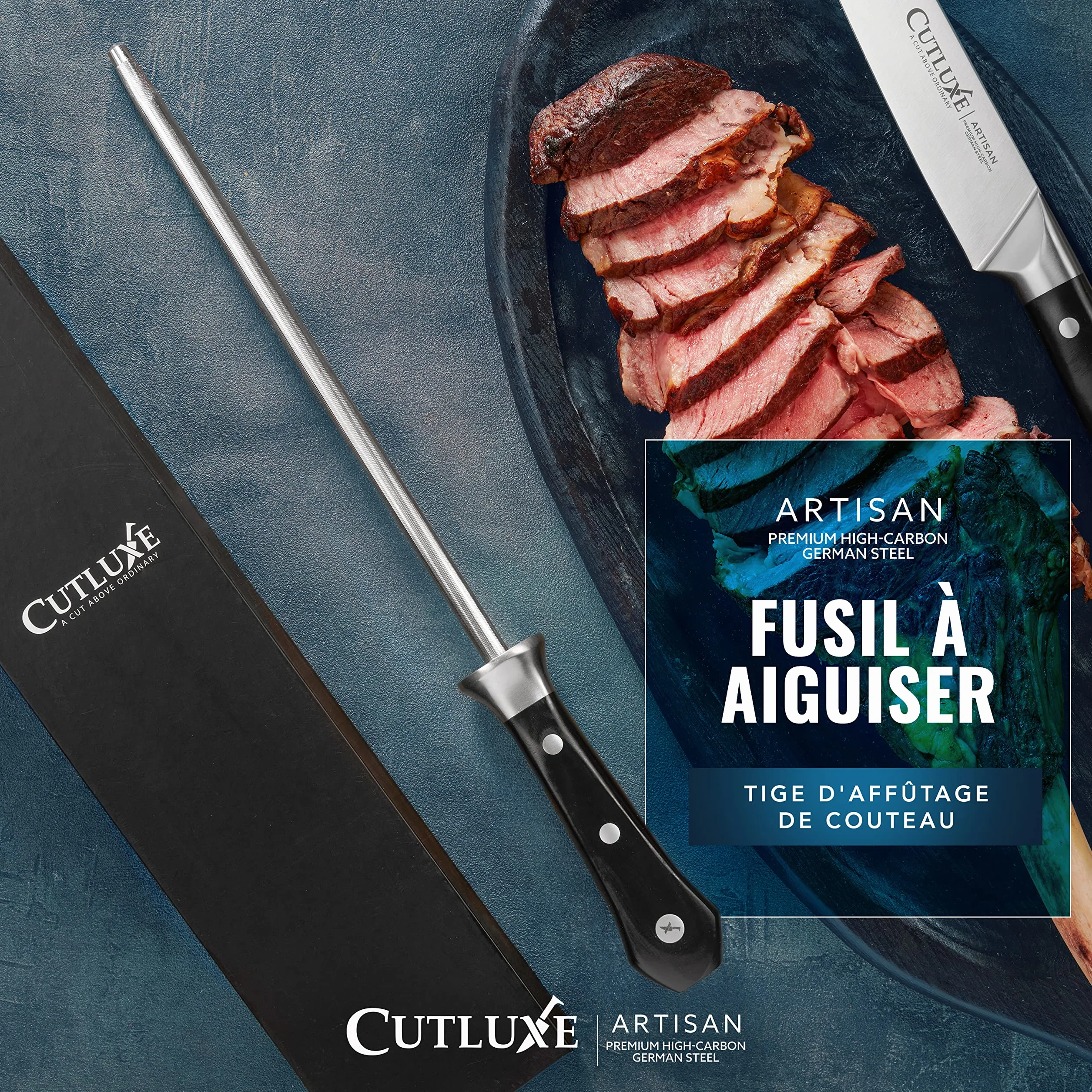 Cutluxe Fusil à Aiguiser 25.4cm Aiguiseur Professionnel Diamant Poignée Ergonomique pour Couteaux Chef Japonais Série Artisan