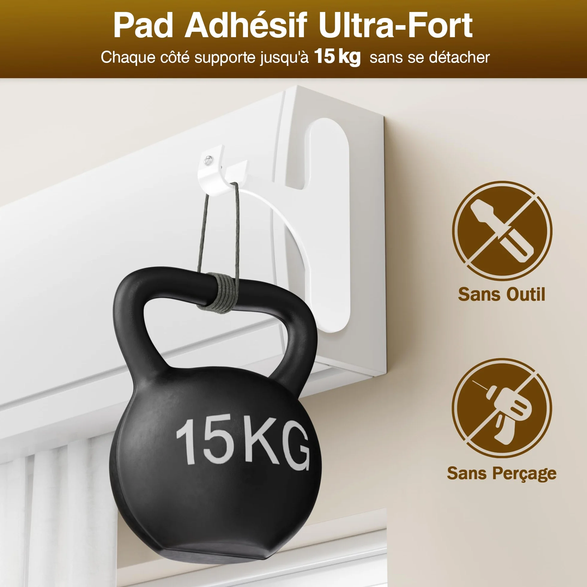Tringle Rideaux Sans Perçage pour Coffre Volet Roulant - Fixation Auto-adhésive, Lot de 2, Barres 19-28 mm, Métal Résistant, Blanc