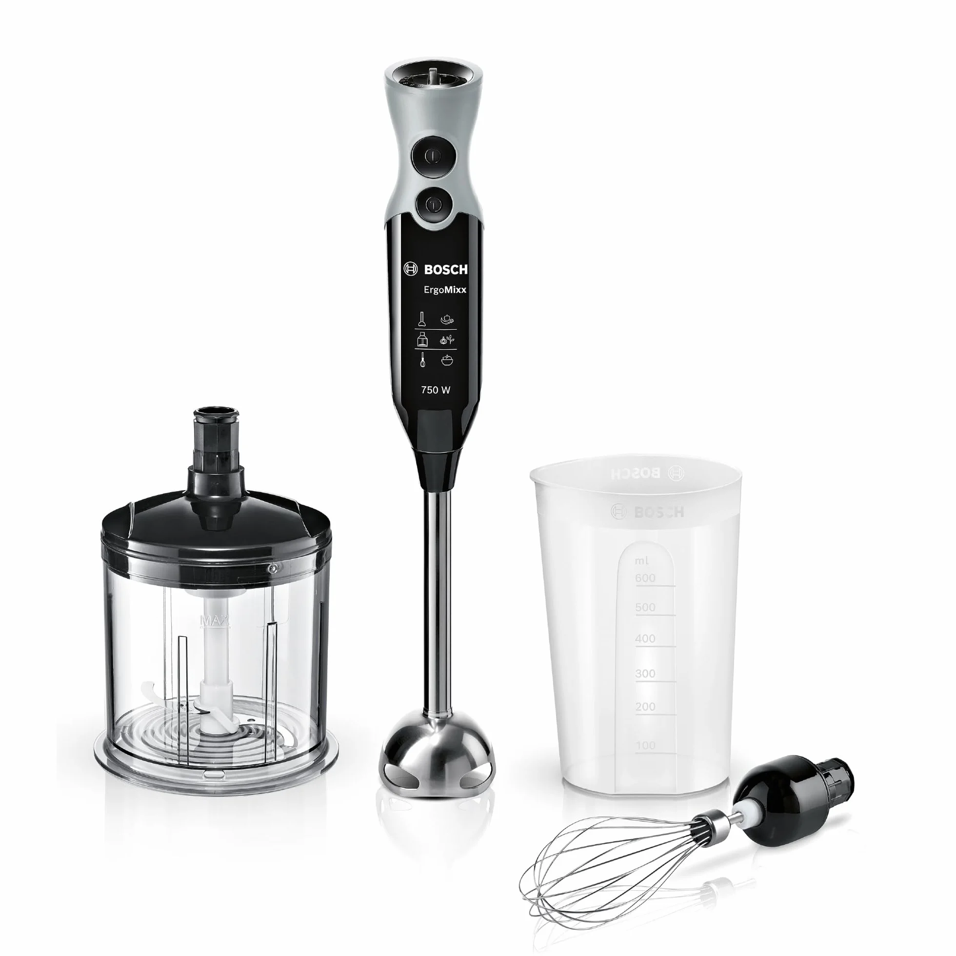 Bosch Mixeur plongeant ErgoMixx, moteur 600 W, 12 vitesses et fonction turbo, hachoir XL, fouet, gobelet doseur, noir, MSM67160