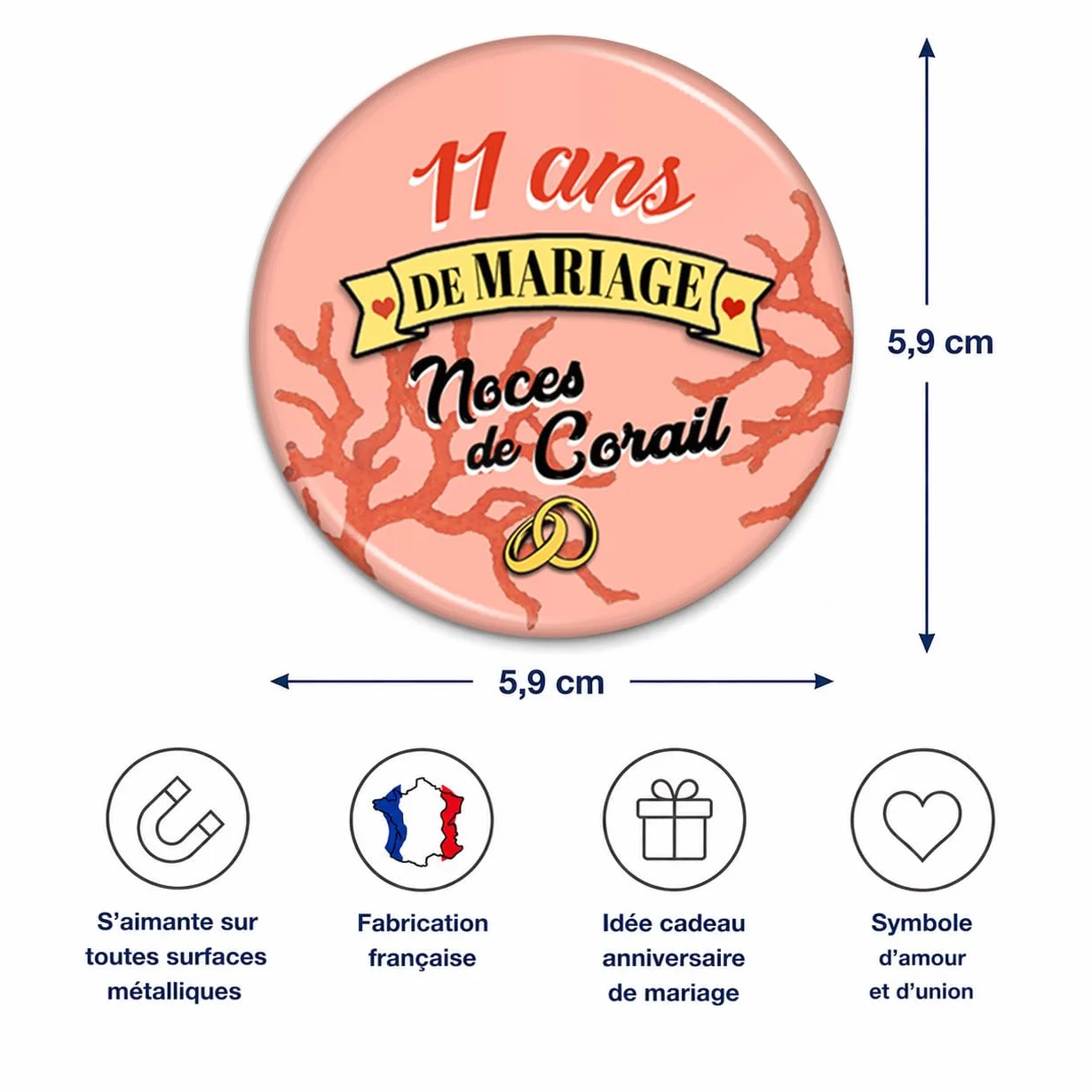 Décapsuleur Magnétique Aimant Noces de Corail 11 Ans Anniversaire Diamètre 5.9cm Anneaux Mariage