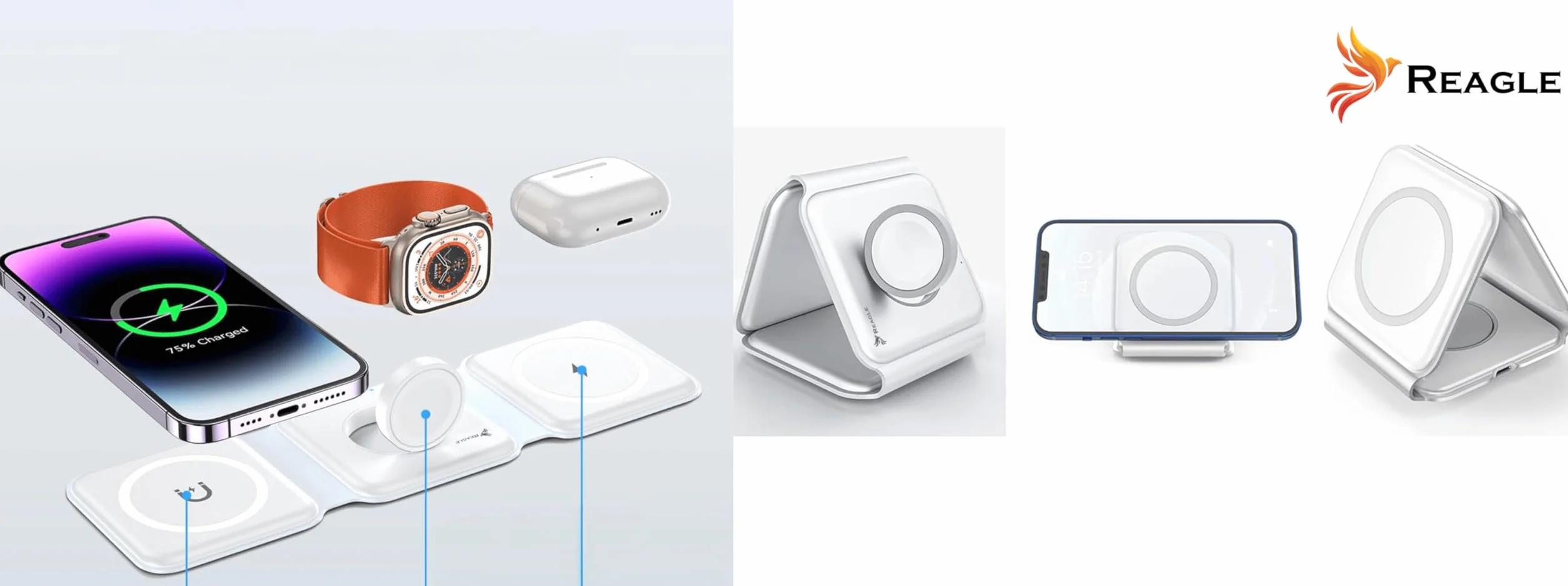 Reagle Składana indukcyjna bezprzewodowa ładowarka 3 w 1, 15 W stacja ładująca do telefonu, słuchawek, smartwatch, Samsung S25 Travel Charging Station do Apple Watch, standard Qi