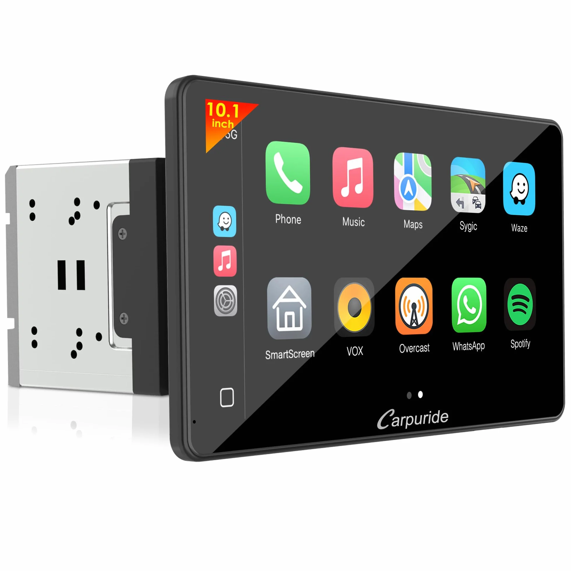 Carpuride YT101S radio samochodowe z podwójnym DIN, bezprzewodowe CarPlay i Android Auto z kamerą cofania, ekran dotykowy HD 10,1", nawigacja GPS, Mirror Link, muzyka Bluetooth, USB, FM, SWC