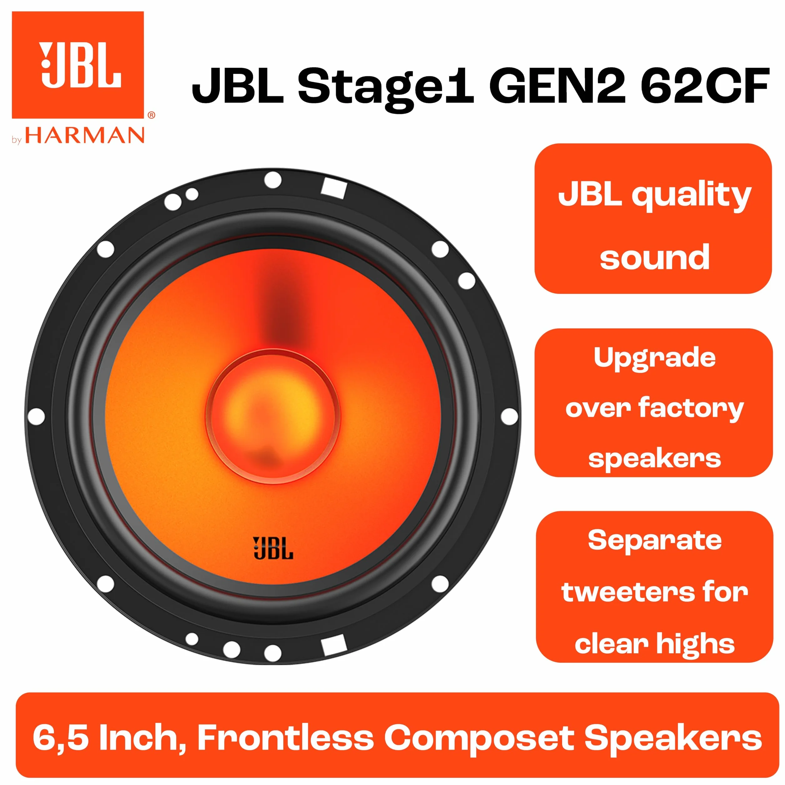 JBL Stage1 GEN2 62CF głośnik samochodowy 165 mm (6,5 cala): od Harman Kardon Car HiFi z 80 W RMS i 640 W Max Component Auto Boxer, zestaw z 2 głośnikami niskotonowymi + 2 głośnikami wysokotonowymi
