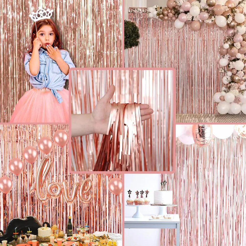 Rideau Métallique Tinsel Rosegold, Rideaux à Franges en Aluminium, Toile de Fond pour Fête Anniversaire Mariage