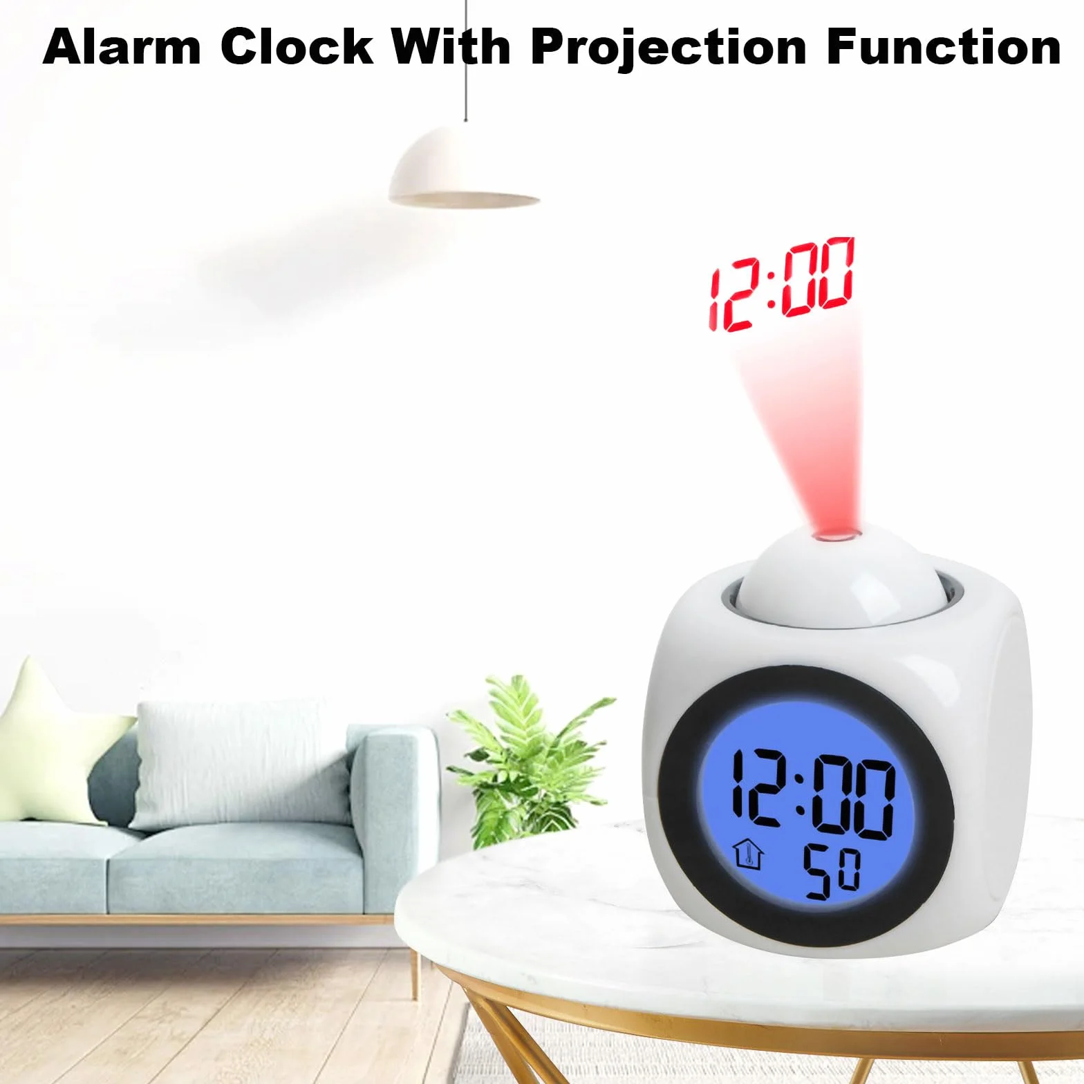 Réveil à Projection Plafond Heure Numérique, Horloge de Table Projecteur Multifonction LED USB Fonction Vocale Blanc