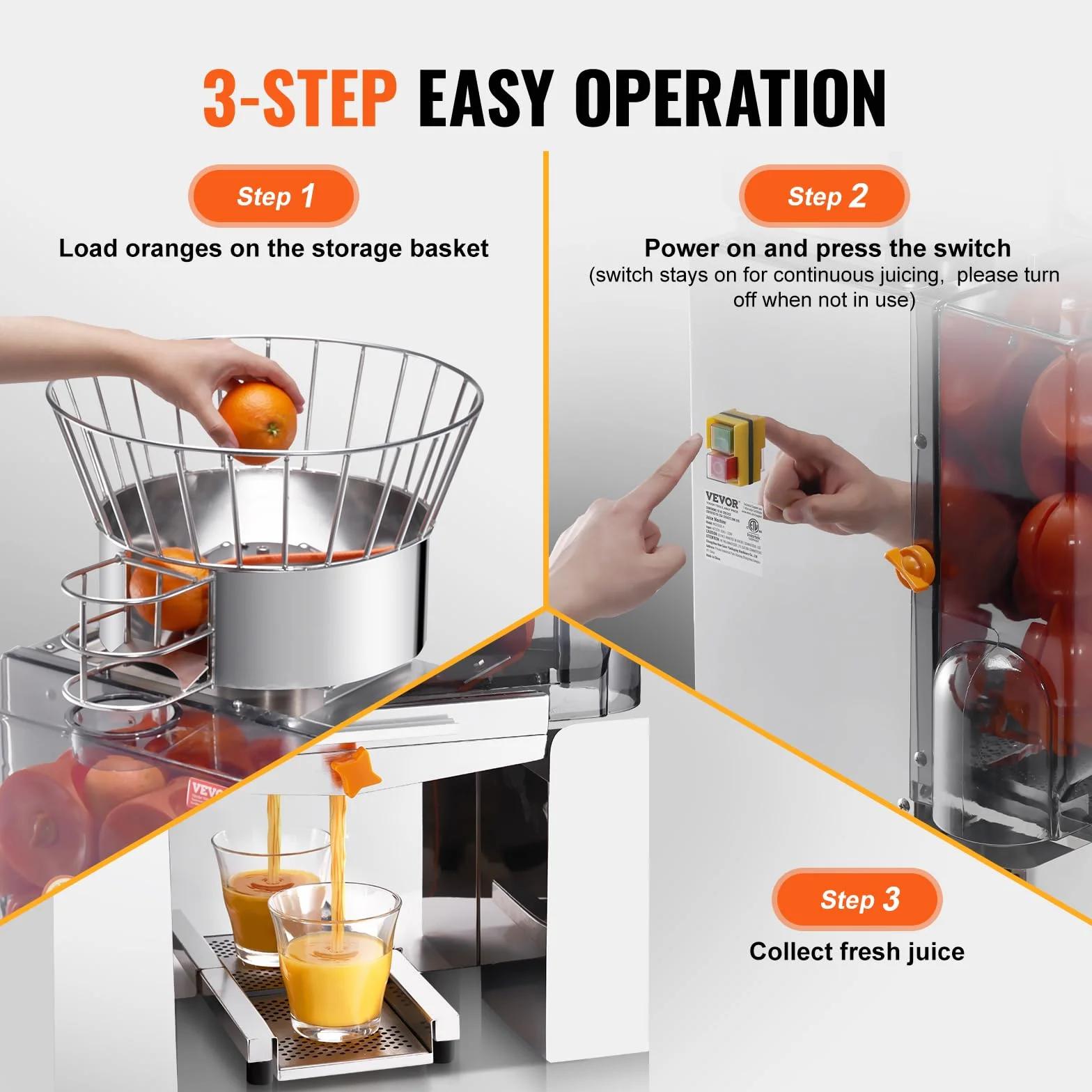 VEVOR Presse-Agrumes Électrique Commercial 120 W Extracteur de Jus Automatique 25 Oranges/min avec Filtre Extractible et Seau de Collecte d'Épluchure pour Orange Pamplemousse Restaurant Café Fruiterie