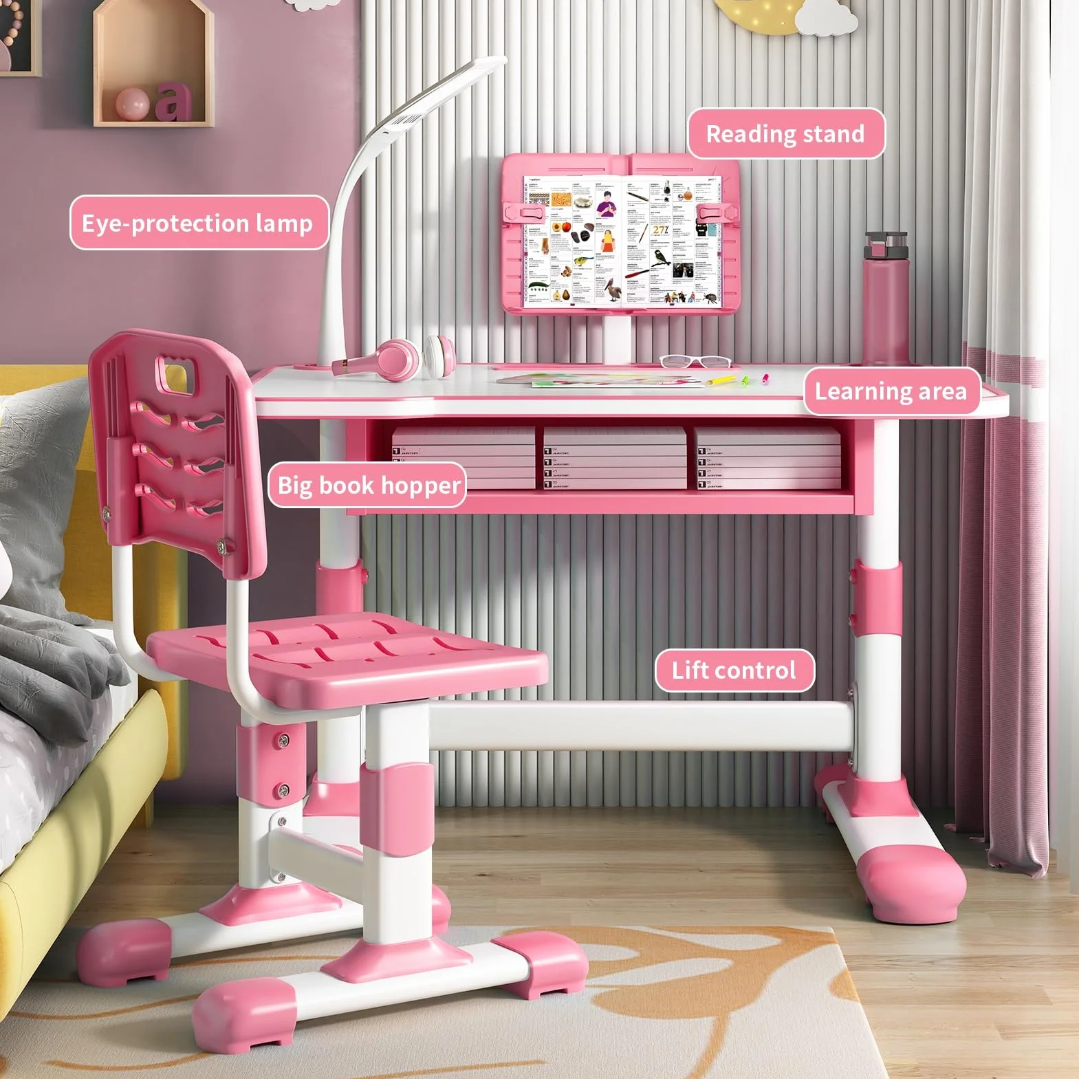 Ensemble bureau et chaise réglable hauteur, support lecture inclinable, tiroir extra large, lampe LED pour enfants 3-18 ans, école, maison, bleu