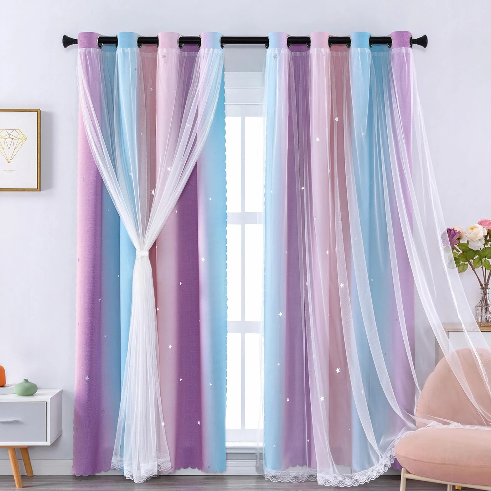 Rideaux Occultants Chambre Enfant XiDi avec Tulle Décoratif Motifs Étoilés 132x213 cm Rose Bleu Violet 2 Pièces