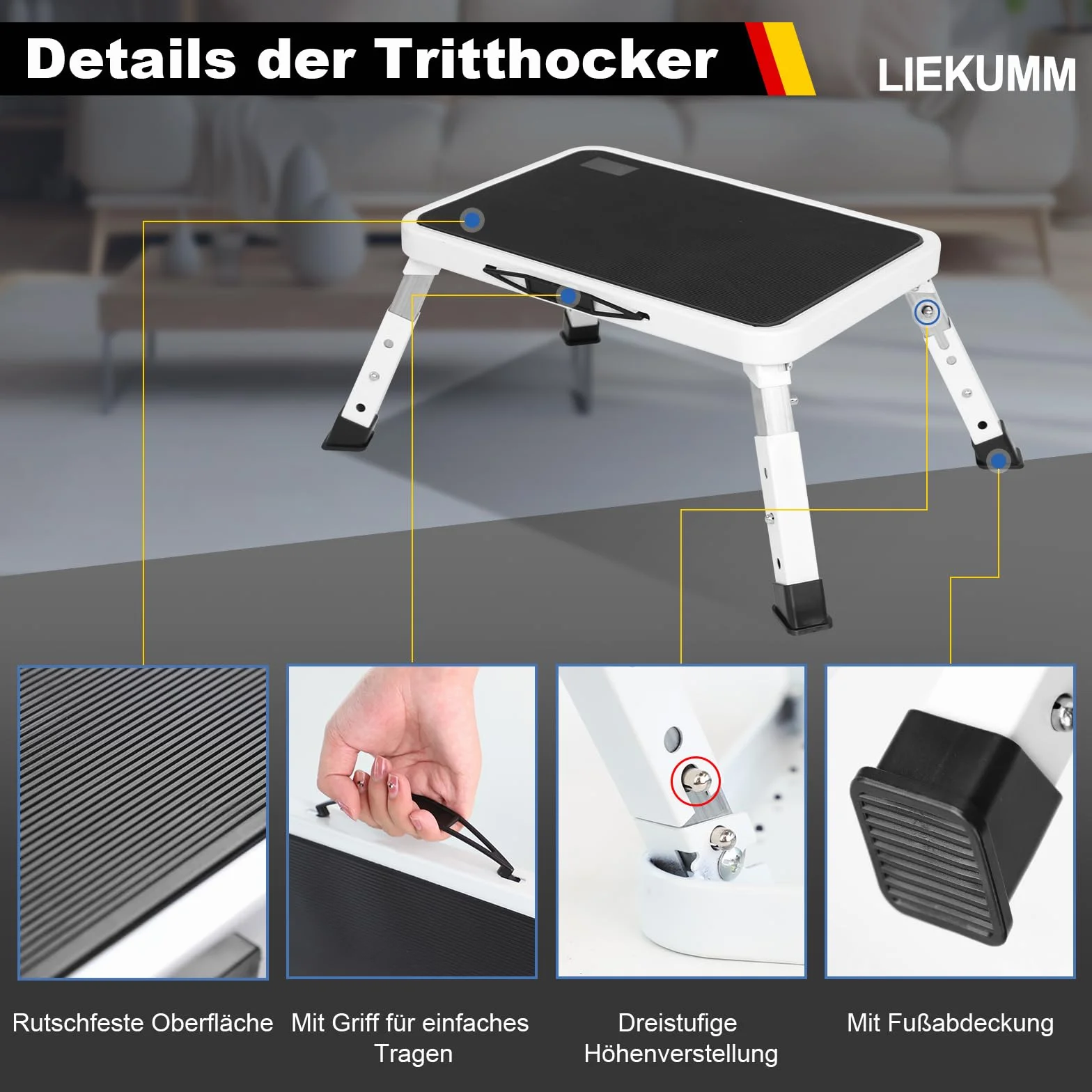 LIEKUMM Marchepied pliant à 3 niveaux, capacité de charge 150 kg, hauteur réglable, marchepied avec plateforme antidérapante, marche pour la maison, la cuisine, la salle de bain et le camping-car