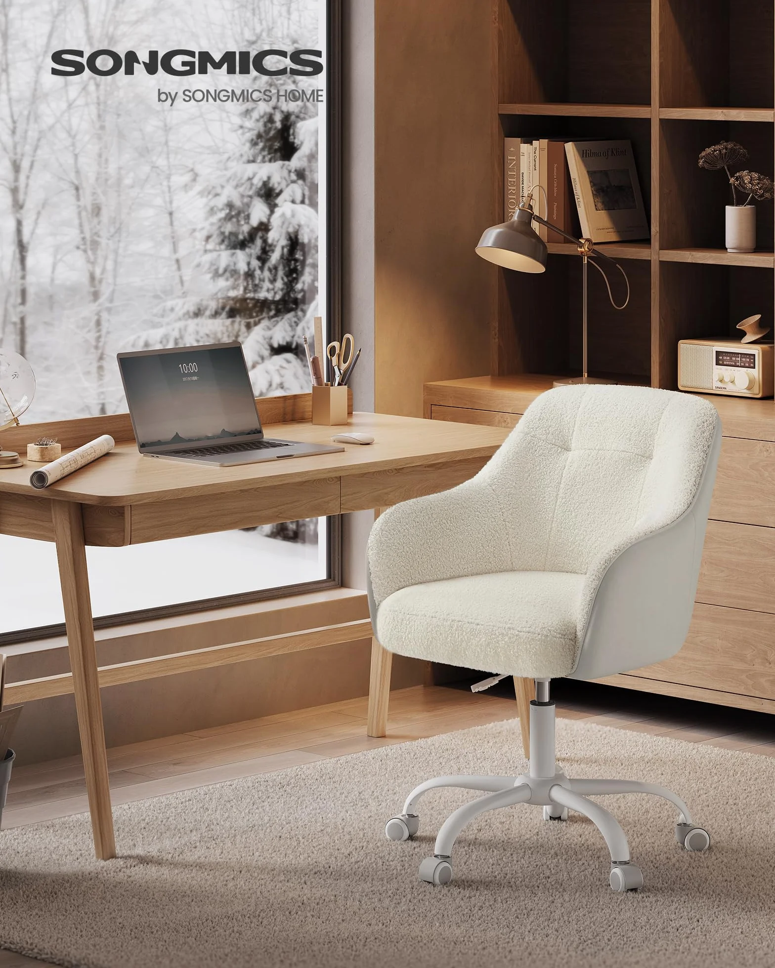 SONGMICS Chaise de Bureau Ergonomique Pivotante Réglable en Hauteur 110 kg Acier Tissu Peluche Respirant PU Beige Cappuccino