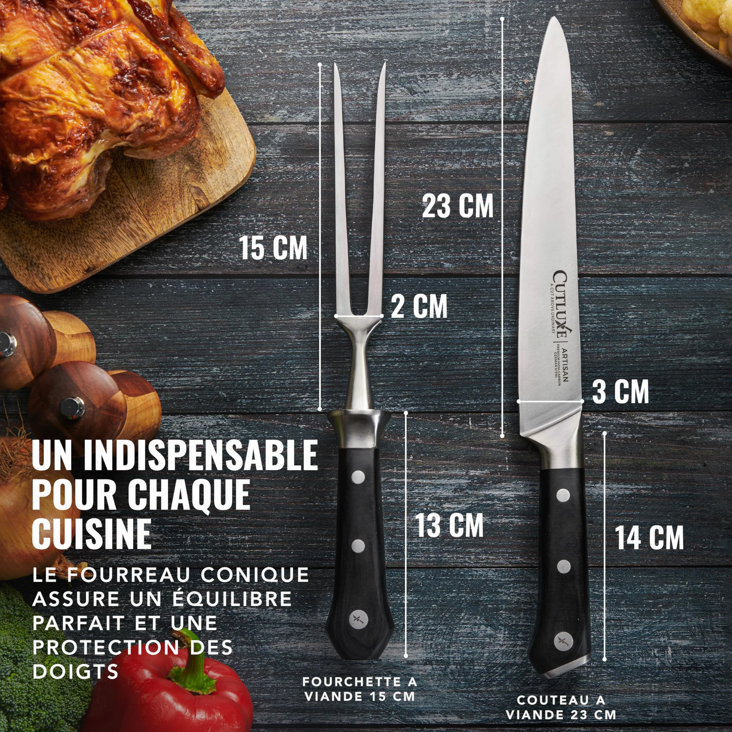 Cutluxe Ensemble de couteaux à découper pour la dinde - Couteau et fourchette pour viande, brisket, BBQ - Lame en acier allemand affûtée - Soie complète, poignée ergonomique - Série Artisan