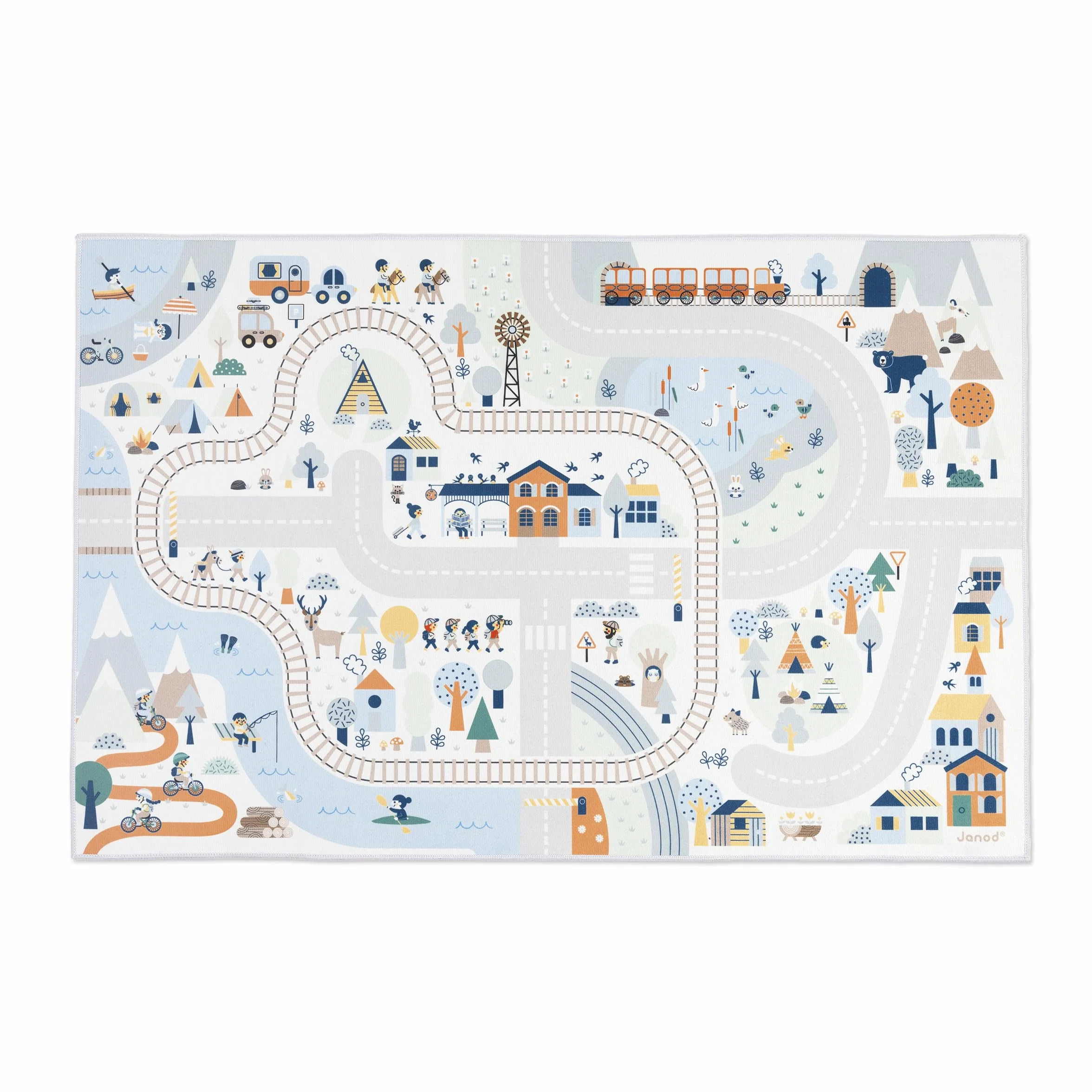 Janod Tapis de Jeux Voiture Enfant Thème Montagne Hiver 120 x 78cm Antidérapant Lavable à la Main
