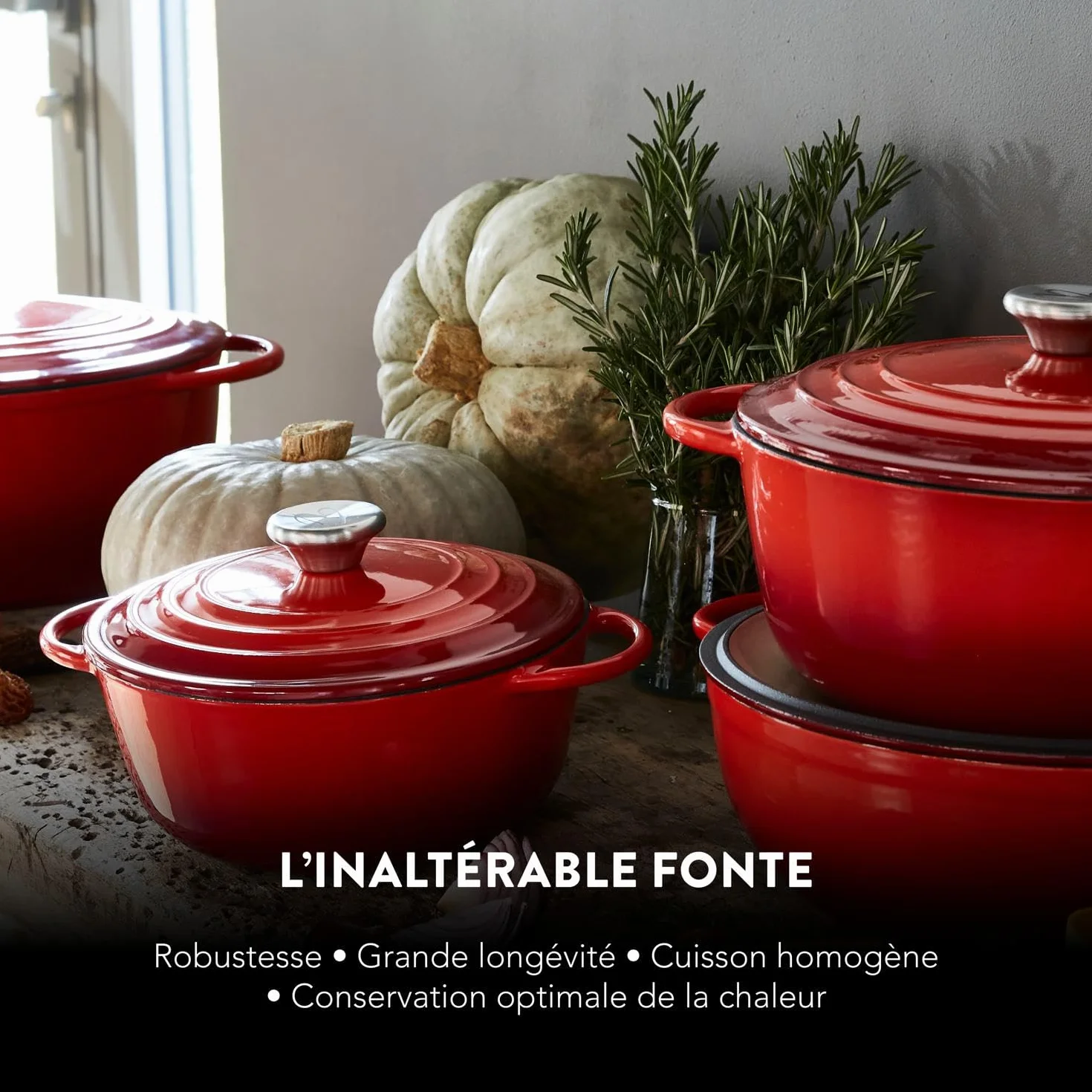 Baumalu, Service à Fondue Savoyarde en Fonte Émaillée Rouge, 20 cm, pour 6 personnes, comprenant 1 réchaud, 1 brûleur, 1 caquelon et 6 fourchettes