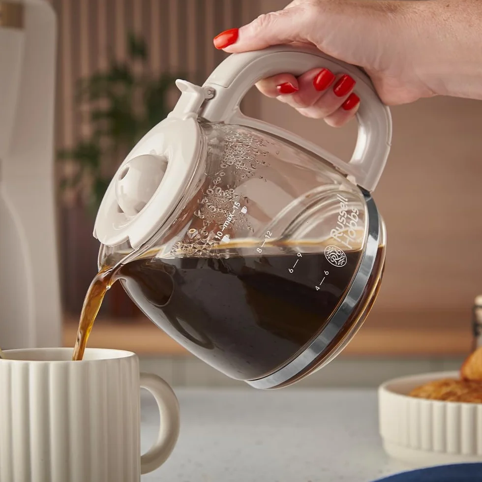Russell Hobbs Cafetière filtre [1,25 L : 10-15 tasses, 1 100 W] Brontë Beige (technologie WhirlTech, anti-goutte, plaque chauffante, verseuse en verre, fonction pause et versement) 26781-56