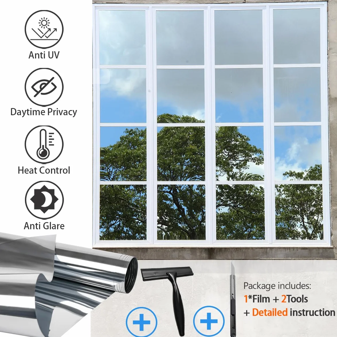 Film Fenetre Anti Regard Anti Chaleur Bon Effet Miroir 44.5×120cm 2 Pièces Anti UV Protection de la Vie Privée