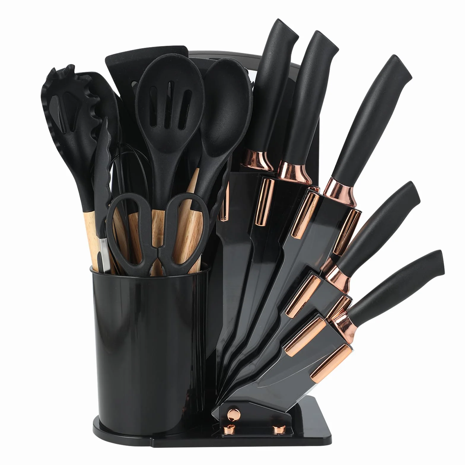 Lot de 19 couteaux de cuisine en silicone avec 12 ustensiles de cuisine, 5 couteaux, planche à découper et support, passe au lave-vaisselle